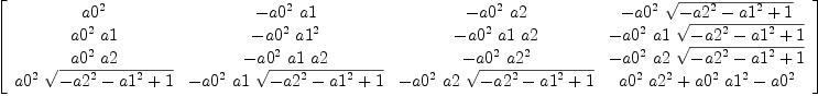 
\label{eq34}\left[ 
\begin{array}{cccc}
{{a 0}^{2}}& -{{{a 0}^{2}}\  a 1}& -{{{a 0}^{2}}\  a 2}& -{{{a 0}^{2}}\ {\sqrt{-{{a 2}^{2}}-{{a 1}^{2}}+ 1}}}
\
{{{a 0}^{2}}\  a 1}& -{{{a 0}^{2}}\ {{a 1}^{2}}}& -{{{a 0}^{2}}\  a 1 \  a 2}& -{{{a 0}^{2}}\  a 1 \ {\sqrt{-{{a 2}^{2}}-{{a 1}^{2}}+ 1}}}
\
{{{a 0}^{2}}\  a 2}& -{{{a 0}^{2}}\  a 1 \  a 2}& -{{{a 0}^{2}}\ {{a 2}^{2}}}& -{{{a 0}^{2}}\  a 2 \ {\sqrt{-{{a 2}^{2}}-{{a 1}^{2}}+ 1}}}
\
{{{a 0}^{2}}\ {\sqrt{-{{a 2}^{2}}-{{a 1}^{2}}+ 1}}}& -{{{a 0}^{2}}\  a 1 \ {\sqrt{-{{a 2}^{2}}-{{a 1}^{2}}+ 1}}}& -{{{a 0}^{2}}\  a 2 \ {\sqrt{-{{a 2}^{2}}-{{a 1}^{2}}+ 1}}}&{{{{a 0}^{2}}\ {{a 2}^{2}}}+{{{a 0}^{2}}\ {{a 1}^{2}}}-{{a 0}^{2}}}
