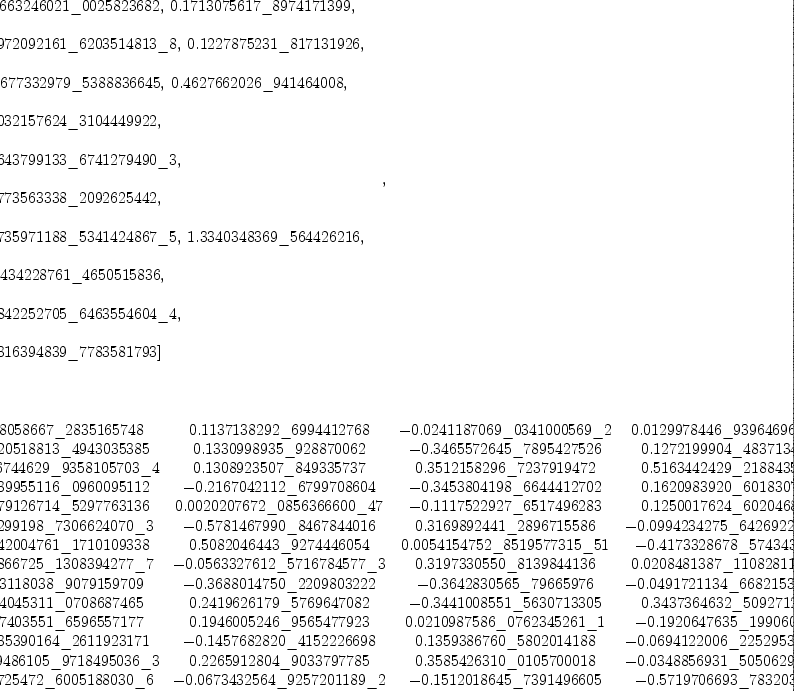 
\label{eq50}\begin{array}{@{}l}
\displaystyle
\left[{
\begin{array}{@{}l}
\displaystyle
ev ={
\begin{array}{@{}l}
\displaystyle
\left[{0.1663246021 \<u> 0025823682}, \:{0.1713075617 \</u> 897417
1399}, \: \right.
\
\
\displaystyle
\left.{0.0972092161 \<u> 6203514813 \</u> 8}, \:{0.1227875231 \_ 8
17131926}, \right.
\
\
\displaystyle
\left.\:{0.2677332979 \<u> 5388836645}, \:{0.4627662026 \</u> 9414
64008}, \: \right.
\
\
\displaystyle
\left.{0.1032157624 \_ 3104449922}, \: \right.
\
\
\displaystyle
\left.{0.0643799133 \<u> 6741279490 \</u> 3}, \: \right.
\
\
\displaystyle
\left.{0.1773563338 \_ 2092625442}, \: \right.
\
\
\displaystyle
\left.{0.0735971188 \<u> 5341424867 \</u> 5}, \:{1.3340348369 \_ 5
64426216}, \right.
\
\
\displaystyle
\left.\:{0.1434228761 \_ 4650515836}, \: \right.
\
\
\displaystyle
\left.{0.0842252705 \<u> 6463554604 \</u> 4}, \: \right.
\
\
\displaystyle
\left.{0.2316394839 \_ 7783581793}\right] 
