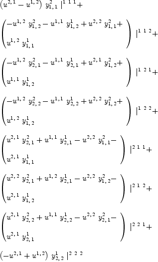 
\label{eq24}\begin{array}{@{}l}
\displaystyle
{{\left({u^{2, \: 1}}-{u^{1, \: 2}}\right)}\ {y_{1, \: 1}^{2}}\ {|_{\ }^{1 \  1 \  1}}}+ 
\
\
\displaystyle
{{\left({
\begin{array}{@{}l}
\displaystyle
-{{u^{1, \: 2}}\ {y_{1, \: 2}^{2}}}-{{u^{1, \: 1}}\ {y_{1, \: 2}^{1}}}+{{u^{2, \: 2}}\ {y_{1, \: 1}^{2}}}+ 
\
\
\displaystyle
{{u^{1, \: 2}}\ {y_{1, \: 1}^{1}}}
