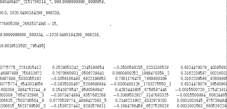 
\label{eq43}\begin{array}{@{}l}
\displaystyle
\left[{
\begin{array}{@{}l}
\displaystyle
ev ={
\begin{array}{@{}l}
\displaystyle
\left[{0.0980486407 \<u> 2151706114 \</u> 7}, \:{999.9999999999 \_ 9999958}, \right.
\
\
\displaystyle
\left.\:{1000.0}, \:{1020.0490184299 \_ 968238}, \: \right.
\
\
\displaystyle
\left.{0.3776805208 \_ 266153749 E - 15}, \: \right.
\
\
\displaystyle
\left.{1019.9999999999 \<u> 989334}, \: -{1020.0490184299 \</u> 96
8238}, \right.
\
\
\displaystyle
\left.\:{1019.9019513592 \_ 795495}\right] 
