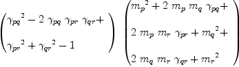 
\label{eq114}{\left({
\begin{array}{@{}l}
\displaystyle
{{��_{pq}}^{2}}-{2 \ {��_{pq}}\ {��_{pr}}\ {��_{qr}}}+ 
\
\
\displaystyle
{{��_{pr}}^{2}}+{{��_{qr}}^{2}}- 1 

