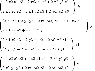 
\label{eq47}\begin{array}{@{}l}
\displaystyle
{{\left({
\begin{array}{@{}l}
\displaystyle
-{2 \  x 2 \  y 1 \  z 3}+{2 \  w 3 \  z 1 \  z 2}+{2 \  x 2 \  y 3 \  z 1}+ 
\
\
\displaystyle
{2 \  w 3 \  y 1 \  y 2}+{2 \  w 1 \  x 2 \  x 3}+{2 \  w 1 \  w 2 \  w 3}
