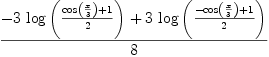 
\label{eq4}\frac{-{3 \ {\log \left({\frac{{\cos \left({\frac{x}{3}}\right)}+ 1}{2}}\right)}}+{3 \ {\log \left({\frac{-{\cos \left({\frac{x}{3}}\right)}+ 1}{2}}\right)}}}{8}
