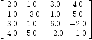 
\label{eq19}\left[ 
\begin{array}{cccc}
{2.0}&{1.0}&{3.0}&{4.0}
\
{1.0}& -{3.0}&{1.0}&{5.0}
\
{3.0}&{1.0}&{6.0}& -{2.0}
\
{4.0}&{5.0}& -{2.0}& -{1.0}

