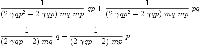 
\label{eq101}\begin{array}{@{}l}
\displaystyle
{{1 \over{{\left({2 \ {{�� qp}^{2}}}-{2 \  �� qp}\right)}\  mq \  mp}}\  qp}+{{1 \over{{\left({2 \ {{�� qp}^{2}}}-{2 \  �� qp}\right)}\  mq \  mp}}\  pq}- 
\
\
\displaystyle
{{1 \over{{\left({2 \  �� qp}- 2 \right)}\  mq}}\  q}-{{1 \over{{\left({2 \  �� qp}- 2 \right)}\  mp}}\  p}

