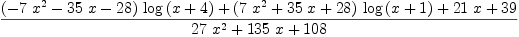 
\label{eq9}\frac{{{\left(-{7 \ {{x}^{2}}}-{{35}\  x}-{28}\right)}\ {\log \left({x + 4}\right)}}+{{\left({7 \ {{x}^{2}}}+{{35}\  x}+{28}\right)}\ {\log \left({x + 1}\right)}}+{{21}\  x}+{39}}{{{27}\ {{x}^{2}}}+{{1
35}\  x}+{108}}