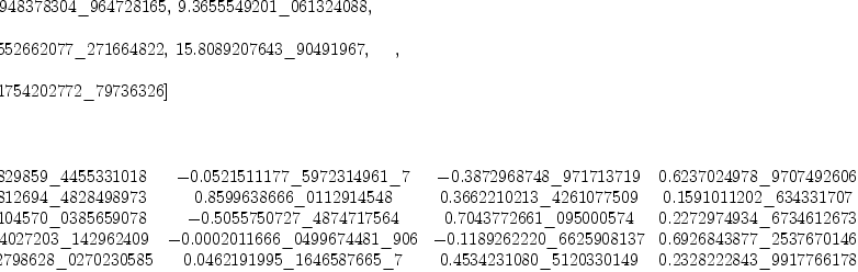 
\label{eq33}\begin{array}{@{}l}
\displaystyle
\left[{
\begin{array}{@{}l}
\displaystyle
ev ={
\begin{array}{@{}l}
\displaystyle
\left[{6.9948378304 \<u> 964728165}, \:{9.3655549201 \</u> 0613240
88}, \: \right.
\
\
\displaystyle
\left.{1.6552662077 \<u> 271664822}, \:{15.8089207643 \</u> 904919
67}, \: \right.
\
\
\displaystyle
\left.{19.1754202772 \_ 79736326}\right] 
