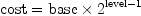 
\label{eq4}
\text{cost}= \text{base} \times 2^{\text{level}-1}

