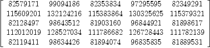 
\label{eq6}\left[ 
\begin{array}{ccccc}
{82579171}&{99094186}&{82353834}&{97295595}&{82349291}
\
{115609201}&{132124216}&{115383864}&{130325625}&{115379321}
\
{82128497}&{98643512}&{81903160}&{96844921}&{81898617}
\
{112012019}&{128527034}&{111786682}&{126728443}&{111782139}
\
{82119411}&{98634426}&{81894074}&{96835835}&{81889531}
