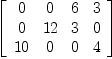
\label{eq44}\left[ 
\begin{array}{cccc}
0 & 0 & 6 & 3 
\
0 &{12}& 3 & 0 
\
{10}& 0 & 0 & 4 
