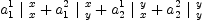 
\label{eq8}{{a_{1}^{1}}\ {|_{\  x}^{\  x}}}+{{a_{1}^{2}}\ {|_{\  y}^{\  x}}}+{{a_{2}^{1}}\ {|_{\  x}^{\  y}}}+{{a_{2}^{2}}\ {|_{\  y}^{\  y}}}