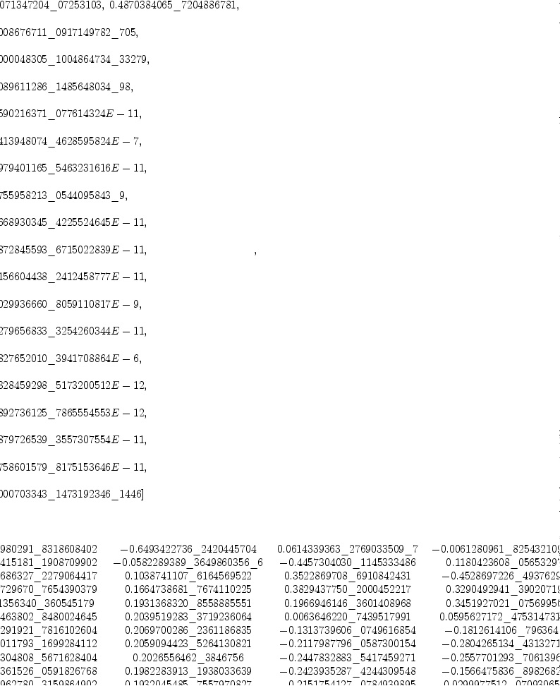 
\label{eq51}\begin{array}{@{}l}
\displaystyle
\left[{
\begin{array}{@{}l}
\displaystyle
ev ={
\begin{array}{@{}l}
\displaystyle
\left[{1.9071347204 \<u> 07253103}, \:{0.4870384065 \</u> 72048867
81}, \: \right.
\
\
\displaystyle
\left.{0.0008676711 \<u> 0917149782 \</u> 705}, \: \right.
\
\
\displaystyle
\left.{0.0000048305 \<u> 1004864734 \</u> 33279}, \: \right.
\
\
\displaystyle
\left.{0.0089611286 \<u> 1485648034 \</u> 98}, \: \right.
\
\
\displaystyle
\left.{0.1590216371 \_ 077614324 E - 11}, \: \right.
\
\
\displaystyle
\left.{0.1413948074 \_ 4628595824 E - 7}, \: \right.
\
\
\displaystyle
\left.{0.3979401165 \_ 5463231616 E - 11}, \: \right.
\
\
\displaystyle
\left.{0.0755958213 \<u> 0544095843 \</u> 9}, \: \right.
\
\
\displaystyle
\left.{0.1668930345 \_ 4225524645 E - 11}, \: \right.
\
\
\displaystyle
\left.{0.1872845593 \_ 6715022839 E - 11}, \: \right.
\
\
\displaystyle
\left.{0.4156604438 \_ 2412458777 E - 11}, \: \right.
\
\
\displaystyle
\left.{0.6029936660 \_ 8059110817 E - 9}, \: \right.
\
\
\displaystyle
\left.{0.1279656833 \_ 3254260344 E - 11}, \: \right.
\
\
\displaystyle
\left.{0.2827652010 \_ 3941708864 E - 6}, \: \right.
\
\
\displaystyle
\left.{0.1328459298 \_ 5173200512 E - 12}, \: \right.
\
\
\displaystyle
\left.{0.9892736125 \_ 7865554553 E - 12}, \: \right.
\
\
\displaystyle
\left.{0.3879726539 \_ 3557307554 E - 11}, \: \right.
\
\
\displaystyle
\left.{0.3758601579 \_ 8175153646 E - 11}, \: \right.
\
\
\displaystyle
\left.{0.0000703343 \<u> 1473192346 \</u> 1446}\right] 
