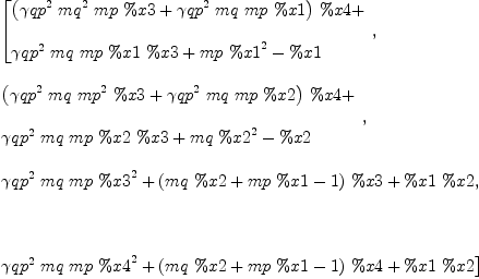 
\label{eq78}\begin{array}{@{}l}
\displaystyle
\left[{
\begin{array}{@{}l}
\displaystyle
{{\left({{{�� qp}^{2}}\ {{mq}^{2}}\  mp \  \%x 3}+{{{�� qp}^{2}}\  mq \  mp \  \%x 1}\right)}\  \%x 4}+ 
\
\
\displaystyle
{{{�� qp}^{2}}\  mq \  mp \  \%x 1 \  \%x 3}+{mp \ {{\%x 1}^{2}}}- \%x 1 
