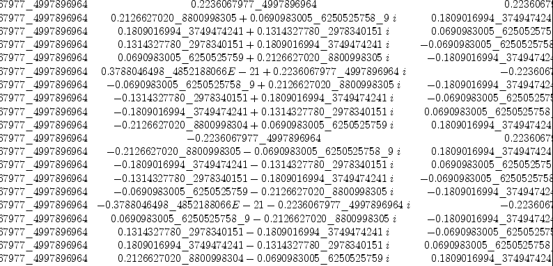 
\label{eq30}\left[ 
\begin{array}{cccccccccccccccccccc}
{0.2236067977 \<u> 4997896964}&{0.2236067977 \</u> 4997896964}&{0.2
236067977 \<u> 4997896964}&{0.2236067977 \</u> 4997896964}&{0.2236
067977 \<u> 4997896964}&{0.2236067977 \</u> 4997896964}&{0.2236067
977 \<u> 4997896964}&{0.2236067977 \</u> 4997896964}&{0.2236067977 \<u> 4997896964}&{0.2236067977 \</u> 4997896964}&{0.2236067977 \<u> 4997896964}&{0.2236067977 \</u> 4997896964}&{0.2236067977 \<u> 499
7896964}&{0.2236067977 \</u> 4997896964}&{0.2236067977 \<u> 499789
6964}&{0.2236067977 \</u> 4997896964}&{0.2236067977 \<u> 499789696
4}&{0.2236067977 \</u> 4997896964}&{0.2236067977 \<u> 4997896964}&{0.2
236067977 \</u> 4997896964}
\
{0.2236067977 \<u> 4997896964}&{{0.2126627020 \</u> 8800998305}+{{0.0
690983005 \<u> 6250525758 \</u> 9}\  i}}&{{0.1809016994 \<u> 3749474
241}+{{0.1314327780 \</u> 2978340151}\  i}}&{{0.1314327780 \<u> 29
78340151}+{{0.1809016994 \</u> 3749474241}\  i}}&{{0.0690983005 \<u> 6250525759}+{{0.2126627020 \</u> 8800998305}\  i}}&{{0.378804
6498 \<u> 4852188066 E - 21}+{{0.2236067977 \</u> 4997896964}\  i}}&{-{0.0690983005 \<u> 6250525758 \</u> 9}+{{0.2126627020 \<u> 880099830
5}\  i}}&{-{0.1314327780 \</u> 2978340151}+{{0.1809016994 \<u> 374
9474241}\  i}}&{-{0.1809016994 \</u> 3749474241}+{{0.1314327780 \<u> 2978340151}\  i}}&{-{0.2126627020 \</u> 8800998304}+{{0.06909
83005 \<u> 6250525759}\  i}}& -{0.2236067977 \</u> 4997896964}&{-{0.2
126627020 \<u> 8800998305}-{{0.0690983005 \</u> 6250525758 \<u> 9}\  i}}&{-{0.1809016994 \</u> 3749474241}-{{0.1314327780 \<u> 29783401
51}\  i}}&{-{0.1314327780 \</u> 2978340151}-{{0.1809016994 \<u> 37
49474241}\  i}}&{-{0.0690983005 \</u> 6250525759}-{{0.2126627020 \<u> 8800998305}\  i}}&{-{0.3788046498 \</u> 4852188066 E - 21}-{{0.2
236067977 \<u> 4997896964}\  i}}&{{0.0690983005 \</u> 6250525758 \<u> 9}-{{0.2126627020 \</u> 8800998305}\  i}}&{{0.1314327780 \<u> 2978
340151}-{{0.1809016994 \</u> 3749474241}\  i}}&{{0.1809016994 \<u> 3749474241}-{{0.1314327780 \</u> 2978340151}\  i}}&{{0.212662702
0 \<u> 8800998304}-{{0.0690983005 \</u> 6250525759}\  i}}
\
{0.2236067977 \<u> 4997896964}&{{0.1809016994 \</u> 3749474241}+{{0.1
314327780 \<u> 2978340151}\  i}}&{{0.0690983005 \</u> 6250525759}+{{0.2126627020 \<u> 8800998305}\  i}}&{-{0.0690983005 \</u> 625052
5758 \<u> 9}+{{0.2126627020 \</u> 8800998305}\  i}}&{-{0.180901699
4 \<u> 3749474241}+{{0.1314327780 \</u> 2978340151}\  i}}& -{0.223
6067977 \<u> 4997896964}&{-{0.1809016994 \</u> 3749474241}-{{0.131
4327780 \<u> 2978340151}\  i}}&{-{0.0690983005 \</u> 6250525759}-{{0.2
126627020 \<u> 8800998305}\  i}}&{{0.0690983005 \</u> 6250525758 \<u> 9}-{{0.2126627020 \</u> 8800998305}\  i}}&{{0.1809016994 \<u> 3749
474241}-{{0.1314327780 \</u> 2978340151}\  i}}&{0.2236067977 \<u> 4997896964}&{{0.1809016994 \</u> 3749474241}+{{0.1314327780 \<u> 2
978340151}\  i}}&{{0.0690983005 \</u> 6250525759}+{{0.2126627020 \<u> 8800998305}\  i}}&{-{0.0690983005 \</u> 6250525758 \<u> 9}+{{0.2
126627020 \</u> 8800998305}\  i}}&{-{0.1809016994 \<u> 3749474241}+{{0.1314327780 \</u> 2978340151}\  i}}& -{0.2236067977 \<u> 499789
6964}&{-{0.1809016994 \</u> 3749474241}-{{0.1314327780 \<u> 297834
0151}\  i}}&{-{0.0690983005 \</u> 6250525759}-{{0.2126627020 \<u> 8800998305}\  i}}&{{0.0690983005 \</u> 6250525758 \<u> 9}-{{0.2126
627020 \</u> 8800998305}\  i}}&{{0.1809016994 \<u> 3749474241}-{{0.1
314327780 \</u> 2978340151}\  i}}
\
{0.2236067977 \<u> 4997896964}&{{0.1314327780 \</u> 2978340151}+{{0.1
809016994 \<u> 3749474241}\  i}}&{-{0.0690983005 \</u> 6250525758 \<u> 9}+{{0.2126627020 \</u> 8800998305}\  i}}&{-{0.2126627020 \<u> 8800998304}+{{0.0690983005 \</u> 6250525759}\  i}}&{-{0.18090169
94 \<u> 3749474241}-{{0.1314327780 \</u> 2978340151}\  i}}&{-{0.37
88046498 \<u> 4852188066 E - 21}-{{0.2236067977 \</u> 4997896964}\  i}}&{{0.1809016994 \<u> 3749474241}-{{0.1314327780 \</u> 297834015
1}\  i}}&{{0.2126627020 \<u> 8800998305}+{{0.0690983005 \</u> 6250
525758 \<u> 9}\  i}}&{{0.0690983005 \</u> 6250525759}+{{0.21266270
20 \<u> 8800998305}\  i}}&{-{0.1314327780 \</u> 2978340151}+{{0.18
09016994 \<u> 3749474241}\  i}}& -{0.2236067977 \</u> 4997896964}&{-{0.1314327780 \<u> 2978340151}-{{0.1809016994 \</u> 3749474241}\  i}}&{{0.0690983005 \<u> 6250525758 \</u> 9}-{{0.2126627020 \<u> 8800
998305}\  i}}&{{0.2126627020 \</u> 8800998304}-{{0.0690983005 \<u> 6250525759}\  i}}&{{0.1809016994 \</u> 3749474241}+{{0.131432778
0 \<u> 2978340151}\  i}}&{{0.3788046498 \</u> 4852188066 E - 21}+{{0.2
236067977 \<u> 4997896964}\  i}}&{-{0.1809016994 \</u> 3749474241}+{{0.1314327780 \<u> 2978340151}\  i}}&{-{0.2126627020 \</u> 880099
8305}-{{0.0690983005 \<u> 6250525758 \</u> 9}\  i}}&{-{0.069098300
5 \<u> 6250525759}-{{0.2126627020 \</u> 8800998305}\  i}}&{{0.1314
327780 \<u> 2978340151}-{{0.1809016994 \</u> 3749474241}\  i}}
\
{0.2236067977 \<u> 4997896964}&{{0.0690983005 \</u> 6250525759}+{{0.2
126627020 \<u> 8800998305}\  i}}&{-{0.1809016994 \</u> 3749474241}+{{0.1314327780 \<u> 2978340151}\  i}}&{-{0.1809016994 \</u> 374947
4241}-{{0.1314327780 \<u> 2978340151}\  i}}&{{0.0690983005 \</u> 6
250525758 \<u> 9}-{{0.2126627020 \</u> 8800998305}\  i}}&{0.223606
7977 \<u> 4997896964}&{{0.0690983005 \</u> 6250525759}+{{0.2126627
020 \<u> 8800998305}\  i}}&{-{0.1809016994 \</u> 3749474241}+{{0.1
314327780 \<u> 2978340151}\  i}}&{-{0.1809016994 \</u> 3749474241}-{{0.1314327780 \<u> 2978340151}\  i}}&{{0.0690983005 \</u> 6250525
758 \<u> 9}-{{0.2126627020 \</u> 8800998305}\  i}}&{0.2236067977 \<u> 4997896964}&{{0.0690983005 \</u> 6250525759}+{{0.2126627020 \<u> 8
800998305}\  i}}&{-{0.1809016994 \</u> 3749474241}+{{0.131432778
0 \<u> 2978340151}\  i}}&{-{0.1809016994 \</u> 3749474241}-{{0.131
4327780 \<u> 2978340151}\  i}}&{{0.0690983005 \</u> 6250525758 \<u> 9}-{{0.2126627020 \</u> 8800998305}\  i}}&{0.2236067977 \<u> 49978
96964}&{{0.0690983005 \</u> 6250525759}+{{0.2126627020 \<u> 880099
8305}\  i}}&{-{0.1809016994 \</u> 3749474241}+{{0.1314327780 \<u> 2978340151}\  i}}&{-{0.1809016994 \</u> 3749474241}-{{0.13143277
80 \<u> 2978340151}\  i}}&{{0.0690983005 \</u> 6250525758 \<u> 9}-{{0.2
126627020 \</u> 8800998305}\  i}}
\
{0.2236067977 \<u> 4997896964}&{{0.3788046498 \</u> 4852188066 E - 21}+{{0.2236067977 \<u> 4997896964}\  i}}& -{0.2236067977 \</u> 4
997896964}&{-{0.3788046498 \<u> 4852188066 E - 21}-{{0.22360679
77 \</u> 4997896964}\  i}}&{0.2236067977 \<u> 4997896964}&{{0.3788
046498 \</u> 4852188066 E - 21}+{{0.2236067977 \<u> 4997896964}\  i}}& -{0.2236067977 \</u> 4997896964}&{-{0.3788046498 \<u> 4852188
066 E - 21}-{{0.2236067977 \</u> 4997896964}\  i}}&{0.2236067977 \<u> 4997896964}&{{0.3788046498 \</u> 4852188066 E - 21}+{{0.22360
67977 \<u> 4997896964}\  i}}& -{0.2236067977 \</u> 4997896964}&{-{0.3
788046498 \<u> 4852188066 E - 21}-{{0.2236067977 \</u> 4997896964}\  i}}&{0.2236067977 \<u> 4997896964}&{{0.3788046498 \</u> 4852188066 E - 21}+{{0.2236067977 \<u> 4997896964}\  i}}& -{0.2236067977 \</u> 4997896964}&{-{0.3788046498 \<u> 4852188066 E - 21}-{{0.2236067
977 \</u> 4997896964}\  i}}&{0.2236067977 \<u> 4997896964}&{{0.378
8046498 \</u> 4852188066 E - 21}+{{0.2236067977 \<u> 4997896964}\  i}}& -{0.2236067977 \</u> 4997896964}&{-{0.3788046498 \<u> 4852188
066 E - 21}-{{0.2236067977 \</u> 4997896964}\  i}}
\
{0.2236067977 \<u> 4997896964}&{-{0.0690983005 \</u> 6250525758 \<u> 9}+{{0.2126627020 \</u> 8800998305}\  i}}&{-{0.1809016994 \<u> 374
9474241}-{{0.1314327780 \</u> 2978340151}\  i}}&{{0.1809016994 \<u> 3749474241}-{{0.1314327780 \</u> 2978340151}\  i}}&{{0.069098300
5 \<u> 6250525759}+{{0.2126627020 \</u> 8800998305}\  i}}& -{0.223
6067977 \<u> 4997896964}&{{0.0690983005 \</u> 6250525758 \<u> 9}-{{0.2
126627020 \</u> 8800998305}\  i}}&{{0.1809016994 \<u> 3749474241}+{{0.1314327780 \</u> 2978340151}\  i}}&{-{0.1809016994 \<u> 374947
4241}+{{0.1314327780 \</u> 2978340151}\  i}}&{-{0.0690983005 \<u> 6250525759}-{{0.2126627020 \</u> 8800998305}\  i}}&{0.2236067977 \<u> 4997896964}&{-{0.0690983005 \</u> 6250525758 \<u> 9}+{{0.212662
7020 \</u> 8800998305}\  i}}&{-{0.1809016994 \<u> 3749474241}-{{0.1
314327780 \</u> 2978340151}\  i}}&{{0.1809016994 \<u> 3749474241}-{{0.1314327780 \</u> 2978340151}\  i}}&{{0.0690983005 \<u> 6250525
759}+{{0.2126627020 \</u> 8800998305}\  i}}& -{0.2236067977 \<u> 4
997896964}&{{0.0690983005 \</u> 6250525758 \<u> 9}-{{0.2126627020 \</u> 8800998305}\  i}}&{{0.1809016994 \<u> 3749474241}+{{0.131432
7780 \</u> 2978340151}\  i}}&{-{0.1809016994 \<u> 3749474241}+{{0.1
314327780 \</u> 2978340151}\  i}}&{-{0.0690983005 \<u> 6250525759}-{{0.2126627020 \</u> 8800998305}\  i}}
\
{0.2236067977 \<u> 4997896964}&{-{0.1314327780 \</u> 2978340151}+{{0.1
809016994 \<u> 3749474241}\  i}}&{-{0.0690983005 \</u> 6250525759}-{{0.2126627020 \<u> 8800998305}\  i}}&{{0.2126627020 \</u> 8800998
305}+{{0.0690983005 \<u> 6250525758 \</u> 9}\  i}}&{-{0.1809016994 \<u> 3749474241}+{{0.1314327780 \</u> 2978340151}\  i}}&{-{0.37880
46498 \<u> 4852188066 E - 21}-{{0.2236067977 \</u> 4997896964}\  i}}&{{0.1
809016994 \<u> 3749474241}+{{0.1314327780 \</u> 2978340151}\  i}}&{-{0.2126627020 \<u> 8800998304}+{{0.0690983005 \</u> 6250525759}\  i}}&{{0.0690983005 \<u> 6250525758 \</u> 9}-{{0.2126627020 \<u> 8800
998305}\  i}}&{{0.1314327780 \</u> 2978340151}+{{0.1809016994 \<u> 3749474241}\  i}}& -{0.2236067977 \</u> 4997896964}&{{0.13143277
80 \<u> 2978340151}-{{0.1809016994 \</u> 3749474241}\  i}}&{{0.069
0983005 \<u> 6250525759}+{{0.2126627020 \</u> 8800998305}\  i}}&{-{0.2126627020 \<u> 8800998305}-{{0.0690983005 \</u> 6250525758 \<u> 9}\  i}}&{{0.1809016994 \</u> 3749474241}-{{0.1314327780 \<u> 2978
340151}\  i}}&{{0.3788046498 \</u> 4852188066 E - 21}+{{0.223606
7977 \<u> 4997896964}\  i}}&{-{0.1809016994 \</u> 3749474241}-{{0.1
314327780 \<u> 2978340151}\  i}}&{{0.2126627020 \</u> 8800998304}-{{0.0690983005 \<u> 6250525759}\  i}}&{-{0.0690983005 \</u> 625052
5758 \<u> 9}+{{0.2126627020 \</u> 8800998305}\  i}}&{-{0.131432778
0 \<u> 2978340151}-{{0.1809016994 \</u> 3749474241}\  i}}
\
{0.2236067977 \<u> 4997896964}&{-{0.1809016994 \</u> 3749474241}+{{0.1
314327780 \<u> 2978340151}\  i}}&{{0.0690983005 \</u> 6250525758 \<u> 9}-{{0.2126627020 \</u> 8800998305}\  i}}&{{0.0690983005 \<u> 6250
525759}+{{0.2126627020 \</u> 8800998305}\  i}}&{-{0.1809016994 \<u> 3749474241}-{{0.1314327780 \</u> 2978340151}\  i}}&{0.2236067977 \<u> 4997896964}&{-{0.1809016994 \</u> 3749474241}+{{0.1314327780 \<u> 2978340151}\  i}}&{{0.0690983005 \</u> 6250525758 \<u> 9}-{{0.2
126627020 \</u> 8800998305}\  i}}&{{0.0690983005 \<u> 6250525759}+{{0.2126627020 \</u> 8800998305}\  i}}&{-{0.1809016994 \<u> 374947
4241}-{{0.1314327780 \</u> 2978340151}\  i}}&{0.2236067977 \<u> 49
97896964}&{-{0.1809016994 \</u> 3749474241}+{{0.1314327780 \<u> 29
78340151}\  i}}&{{0.0690983005 \</u> 6250525758 \<u> 9}-{{0.212662
7020 \</u> 8800998305}\  i}}&{{0.0690983005 \<u> 6250525759}+{{0.2
126627020 \</u> 8800998305}\  i}}&{-{0.1809016994 \<u> 3749474241}-{{0.1314327780 \</u> 2978340151}\  i}}&{0.2236067977 \<u> 49978969
64}&{-{0.1809016994 \</u> 3749474241}+{{0.1314327780 \<u> 29783401
51}\  i}}&{{0.0690983005 \</u> 6250525758 \<u> 9}-{{0.2126627020 \</u> 8800998305}\  i}}&{{0.0690983005 \<u> 6250525759}+{{0.212662702
0 \</u> 8800998305}\  i}}&{-{0.1809016994 \<u> 3749474241}-{{0.131
4327780 \</u> 2978340151}\  i}}
\
{0.2236067977 \<u> 4997896964}&{-{0.2126627020 \</u> 8800998304}+{{0.0
690983005 \<u> 6250525759}\  i}}&{{0.1809016994 \</u> 3749474241}-{{0.1314327780 \<u> 2978340151}\  i}}&{-{0.1314327780 \</u> 297834
0151}+{{0.1809016994 \<u> 3749474241}\  i}}&{{0.0690983005 \</u> 6
250525758 \<u> 9}-{{0.2126627020 \</u> 8800998305}\  i}}&{{0.37880
46498 \<u> 4852188066 E - 21}+{{0.2236067977 \</u> 4997896964}\  i}}&{-{0.0690983005 \<u> 6250525759}-{{0.2126627020 \</u> 8800998305}\  i}}&{{0.1314327780 \<u> 2978340151}+{{0.1809016994 \</u> 374947424
1}\  i}}&{-{0.1809016994 \<u> 3749474241}-{{0.1314327780 \</u> 297
8340151}\  i}}&{{0.2126627020 \<u> 8800998305}+{{0.0690983005 \</u> 6250525758 \<u> 9}\  i}}& -{0.2236067977 \</u> 4997896964}&{{0.212
6627020 \<u> 8800998304}-{{0.0690983005 \</u> 6250525759}\  i}}&{-{0.1809016994 \<u> 3749474241}+{{0.1314327780 \</u> 2978340151}\  i}}&{{0.1314327780 \<u> 2978340151}-{{0.1809016994 \</u> 374947424
1}\  i}}&{-{0.0690983005 \<u> 6250525758 \</u> 9}+{{0.2126627020 \<u> 8800998305}\  i}}&{-{0.3788046498 \</u> 4852188066 E - 21}-{{0.2
236067977 \<u> 4997896964}\  i}}&{{0.0690983005 \</u> 6250525759}+{{0.2126627020 \<u> 8800998305}\  i}}&{-{0.1314327780 \</u> 297834
0151}-{{0.1809016994 \<u> 3749474241}\  i}}&{{0.1809016994 \</u> 3
749474241}+{{0.1314327780 \<u> 2978340151}\  i}}&{-{0.212662702
0 \</u> 8800998305}-{{0.0690983005 \<u> 6250525758 \</u> 9}\  i}}
\
{0.2236067977 \<u> 4997896964}& -{0.2236067977 \</u> 4997896964}&{0.2
236067977 \<u> 4997896964}& -{0.2236067977 \</u> 4997896964}&{0.22
36067977 \<u> 4997896964}& -{0.2236067977 \</u> 4997896964}&{0.223
6067977 \<u> 4997896964}& -{0.2236067977 \</u> 4997896964}&{0.2236
067977 \<u> 4997896964}& -{0.2236067977 \</u> 4997896964}&{0.22360
67977 \<u> 4997896964}& -{0.2236067977 \</u> 4997896964}&{0.223606
7977 \<u> 4997896964}& -{0.2236067977 \</u> 4997896964}&{0.2236067
977 \<u> 4997896964}& -{0.2236067977 \</u> 4997896964}&{0.22360679
77 \<u> 4997896964}& -{0.2236067977 \</u> 4997896964}&{0.223606797
7 \<u> 4997896964}& -{0.2236067977 \</u> 4997896964}
\
{0.2236067977 \<u> 4997896964}&{-{0.2126627020 \</u> 8800998305}-{{0.0
690983005 \<u> 6250525758 \</u> 9}\  i}}&{{0.1809016994 \<u> 3749474
241}+{{0.1314327780 \</u> 2978340151}\  i}}&{-{0.1314327780 \<u> 2
978340151}-{{0.1809016994 \</u> 3749474241}\  i}}&{{0.0690983005 \<u> 6250525759}+{{0.2126627020 \</u> 8800998305}\  i}}&{-{0.37880
46498 \<u> 4852188066 E - 21}-{{0.2236067977 \</u> 4997896964}\  i}}&{-{0.0690983005 \<u> 6250525758 \</u> 9}+{{0.2126627020 \<u> 880099830
5}\  i}}&{{0.1314327780 \</u> 2978340151}-{{0.1809016994 \<u> 3749
474241}\  i}}&{-{0.1809016994 \</u> 3749474241}+{{0.1314327780 \<u> 2978340151}\  i}}&{{0.2126627020 \</u> 8800998304}-{{0.069098300
5 \<u> 6250525759}\  i}}& -{0.2236067977 \</u> 4997896964}&{{0.212
6627020 \<u> 8800998305}+{{0.0690983005 \</u> 6250525758 \<u> 9}\  i}}&{-{0.1809016994 \</u> 3749474241}-{{0.1314327780 \<u> 2978340151}\  i}}&{{0.1314327780 \</u> 2978340151}+{{0.1809016994 \<u> 374947424
1}\  i}}&{-{0.0690983005 \</u> 6250525759}-{{0.2126627020 \<u> 880
0998305}\  i}}&{{0.3788046498 \</u> 4852188066 E - 21}+{{0.22360
67977 \<u> 4997896964}\  i}}&{{0.0690983005 \</u> 6250525758 \<u> 9}-{{0.2126627020 \</u> 8800998305}\  i}}&{-{0.1314327780 \<u> 297834
0151}+{{0.1809016994 \</u> 3749474241}\  i}}&{{0.1809016994 \<u> 3
749474241}-{{0.1314327780 \</u> 2978340151}\  i}}&{-{0.212662702
0 \<u> 8800998304}+{{0.0690983005 \</u> 6250525759}\  i}}
\
{0.2236067977 \<u> 4997896964}&{-{0.1809016994 \</u> 3749474241}-{{0.1
314327780 \<u> 2978340151}\  i}}&{{0.0690983005 \</u> 6250525759}+{{0.2126627020 \<u> 8800998305}\  i}}&{{0.0690983005 \</u> 6250525
758 \<u> 9}-{{0.2126627020 \</u> 8800998305}\  i}}&{-{0.1809016994 \<u> 3749474241}+{{0.1314327780 \</u> 2978340151}\  i}}&{0.2236067
977 \<u> 4997896964}&{-{0.1809016994 \</u> 3749474241}-{{0.1314327
780 \<u> 2978340151}\  i}}&{{0.0690983005 \</u> 6250525759}+{{0.21
26627020 \<u> 8800998305}\  i}}&{{0.0690983005 \</u> 6250525758 \<u> 9}-{{0.2126627020 \</u> 8800998305}\  i}}&{-{0.1809016994 \<u> 374
9474241}+{{0.1314327780 \</u> 2978340151}\  i}}&{0.2236067977 \<u> 4997896964}&{-{0.1809016994 \</u> 3749474241}-{{0.1314327780 \<u> 2978340151}\  i}}&{{0.0690983005 \</u> 6250525759}+{{0.212662702
0 \<u> 8800998305}\  i}}&{{0.0690983005 \</u> 6250525758 \<u> 9}-{{0.2
126627020 \</u> 8800998305}\  i}}&{-{0.1809016994 \<u> 3749474241}+{{0.1314327780 \</u> 2978340151}\  i}}&{0.2236067977 \<u> 49978969
64}&{-{0.1809016994 \</u> 3749474241}-{{0.1314327780 \<u> 29783401
51}\  i}}&{{0.0690983005 \</u> 6250525759}+{{0.2126627020 \<u> 880
0998305}\  i}}&{{0.0690983005 \</u> 6250525758 \<u> 9}-{{0.2126627
020 \</u> 8800998305}\  i}}&{-{0.1809016994 \<u> 3749474241}+{{0.1
314327780 \</u> 2978340151}\  i}}
\
{0.2236067977 \<u> 4997896964}&{-{0.1314327780 \</u> 2978340151}-{{0.1
809016994 \<u> 3749474241}\  i}}&{-{0.0690983005 \</u> 6250525758 \<u> 9}+{{0.2126627020 \</u> 8800998305}\  i}}&{{0.2126627020 \<u> 8
800998304}-{{0.0690983005 \</u> 6250525759}\  i}}&{-{0.180901699
4 \<u> 3749474241}-{{0.1314327780 \</u> 2978340151}\  i}}&{{0.3788
046498 \<u> 4852188066 E - 21}+{{0.2236067977 \</u> 4997896964}\  i}}&{{0.1809016994 \<u> 3749474241}-{{0.1314327780 \</u> 297834015
1}\  i}}&{-{0.2126627020 \<u> 8800998305}-{{0.0690983005 \</u> 625
0525758 \<u> 9}\  i}}&{{0.0690983005 \</u> 6250525759}+{{0.2126627
020 \<u> 8800998305}\  i}}&{{0.1314327780 \</u> 2978340151}-{{0.18
09016994 \<u> 3749474241}\  i}}& -{0.2236067977 \</u> 4997896964}&{{0.1
314327780 \<u> 2978340151}+{{0.1809016994 \</u> 3749474241}\  i}}&{{0.0
690983005 \<u> 6250525758 \</u> 9}-{{0.2126627020 \<u> 8800998305}\  i}}&{-{0.2126627020 \</u> 8800998304}+{{0.0690983005 \<u> 62505257
59}\  i}}&{{0.1809016994 \</u> 3749474241}+{{0.1314327780 \<u> 297
8340151}\  i}}&{-{0.3788046498 \</u> 4852188066 E - 21}-{{0.2236
067977 \<u> 4997896964}\  i}}&{-{0.1809016994 \</u> 3749474241}+{{0.1
314327780 \<u> 2978340151}\  i}}&{{0.2126627020 \</u> 8800998305}+{{0.0690983005 \<u> 6250525758 \</u> 9}\  i}}&{-{0.0690983005 \<u> 6
250525759}-{{0.2126627020 \</u> 8800998305}\  i}}&{-{0.131432778
0 \<u> 2978340151}+{{0.1809016994 \</u> 3749474241}\  i}}
\
{0.2236067977 \<u> 4997896964}&{-{0.0690983005 \</u> 6250525759}-{{0.2
126627020 \<u> 8800998305}\  i}}&{-{0.1809016994 \</u> 3749474241}+{{0.1314327780 \<u> 2978340151}\  i}}&{{0.1809016994 \</u> 3749474
241}+{{0.1314327780 \<u> 2978340151}\  i}}&{{0.0690983005 \</u> 62
50525758 \<u> 9}-{{0.2126627020 \</u> 8800998305}\  i}}& -{0.22360
67977 \<u> 4997896964}&{{0.0690983005 \</u> 6250525759}+{{0.212662
7020 \<u> 8800998305}\  i}}&{{0.1809016994 \</u> 3749474241}-{{0.1
314327780 \<u> 2978340151}\  i}}&{-{0.1809016994 \</u> 3749474241}-{{0.1314327780 \<u> 2978340151}\  i}}&{-{0.0690983005 \</u> 625052
5758 \<u> 9}+{{0.2126627020 \</u> 8800998305}\  i}}&{0.2236067977 \<u> 4997896964}&{-{0.0690983005 \</u> 6250525759}-{{0.2126627020 \<u> 8800998305}\  i}}&{-{0.1809016994 \</u> 3749474241}+{{0.13143
27780 \<u> 2978340151}\  i}}&{{0.1809016994 \</u> 3749474241}+{{0.1
314327780 \<u> 2978340151}\  i}}&{{0.0690983005 \</u> 6250525758 \<u> 9}-{{0.2126627020 \</u> 8800998305}\  i}}& -{0.2236067977 \<u> 499
7896964}&{{0.0690983005 \</u> 6250525759}+{{0.2126627020 \<u> 8800
998305}\  i}}&{{0.1809016994 \</u> 3749474241}-{{0.1314327780 \<u> 2978340151}\  i}}&{-{0.1809016994 \</u> 3749474241}-{{0.13143277
80 \<u> 2978340151}\  i}}&{-{0.0690983005 \</u> 6250525758 \<u> 9}+{{0.2
126627020 \</u> 8800998305}\  i}}
\
{0.2236067977 \<u> 4997896964}&{-{0.3788046498 \</u> 4852188066 E - 21}-{{0.2236067977 \<u> 4997896964}\  i}}& -{0.2236067977 \</u> 4997896964}&{{0.3788046498 \<u> 4852188066 E - 21}+{{0.22360679
77 \</u> 4997896964}\  i}}&{0.2236067977 \<u> 4997896964}&{-{0.378
8046498 \</u> 4852188066 E - 21}-{{0.2236067977 \<u> 4997896964}\  i}}& -{0.2236067977 \</u> 4997896964}&{{0.3788046498 \<u> 48521880
66 E - 21}+{{0.2236067977 \</u> 4997896964}\  i}}&{0.2236067977 \<u> 4997896964}&{-{0.3788046498 \</u> 4852188066 E - 21}-{{0.2236
067977 \<u> 4997896964}\  i}}& -{0.2236067977 \</u> 4997896964}&{{0.3
788046498 \<u> 4852188066 E - 21}+{{0.2236067977 \</u> 4997896964}\  i}}&{0.2236067977 \<u> 4997896964}&{-{0.3788046498 \</u> 485218806
6 E - 21}-{{0.2236067977 \<u> 4997896964}\  i}}& -{0.2236067977 \</u> 4997896964}&{{0.3788046498 \<u> 4852188066 E - 21}+{{0.22360
67977 \</u> 4997896964}\  i}}&{0.2236067977 \<u> 4997896964}&{-{0.3
788046498 \</u> 4852188066 E - 21}-{{0.2236067977 \<u> 4997896964}\  i}}& -{0.2236067977 \</u> 4997896964}&{{0.3788046498 \<u> 48521880
66 E - 21}+{{0.2236067977 \</u> 4997896964}\  i}}
\
{0.2236067977 \<u> 4997896964}&{{0.0690983005 \</u> 6250525758 \<u> 9}-{{0.2126627020 \</u> 8800998305}\  i}}&{-{0.1809016994 \<u> 374
9474241}-{{0.1314327780 \</u> 2978340151}\  i}}&{-{0.1809016994 \<u> 3749474241}+{{0.1314327780 \</u> 2978340151}\  i}}&{{0.069098
3005 \<u> 6250525759}+{{0.2126627020 \</u> 8800998305}\  i}}&{0.22
36067977 \<u> 4997896964}&{{0.0690983005 \</u> 6250525758 \<u> 9}-{{0.2
126627020 \</u> 8800998305}\  i}}&{-{0.1809016994 \<u> 3749474241}-{{0.1314327780 \</u> 2978340151}\  i}}&{-{0.1809016994 \<u> 374947
4241}+{{0.1314327780 \</u> 2978340151}\  i}}&{{0.0690983005 \<u> 6
250525759}+{{0.2126627020 \</u> 8800998305}\  i}}&{0.2236067977 \<u> 4997896964}&{{0.0690983005 \</u> 6250525758 \<u> 9}-{{0.2126627
020 \</u> 8800998305}\  i}}&{-{0.1809016994 \<u> 3749474241}-{{0.1
314327780 \</u> 2978340151}\  i}}&{-{0.1809016994 \<u> 3749474241}+{{0.1314327780 \</u> 2978340151}\  i}}&{{0.0690983005 \<u> 6250525
759}+{{0.2126627020 \</u> 8800998305}\  i}}&{0.2236067977 \<u> 499
7896964}&{{0.0690983005 \</u> 6250525758 \<u> 9}-{{0.2126627020 \</u> 8800998305}\  i}}&{-{0.1809016994 \<u> 3749474241}-{{0.13143277
80 \</u> 2978340151}\  i}}&{-{0.1809016994 \<u> 3749474241}+{{0.13
14327780 \</u> 2978340151}\  i}}&{{0.0690983005 \<u> 6250525759}+{{0.2
126627020 \</u> 8800998305}\  i}}
\
{0.2236067977 \<u> 4997896964}&{{0.1314327780 \</u> 2978340151}-{{0.1
809016994 \<u> 3749474241}\  i}}&{-{0.0690983005 \</u> 6250525759}-{{0.2126627020 \<u> 8800998305}\  i}}&{-{0.2126627020 \</u> 880099
8305}-{{0.0690983005 \<u> 6250525758 \</u> 9}\  i}}&{-{0.180901699
4 \<u> 3749474241}+{{0.1314327780 \</u> 2978340151}\  i}}&{{0.3788
046498 \<u> 4852188066 E - 21}+{{0.2236067977 \</u> 4997896964}\  i}}&{{0.1809016994 \<u> 3749474241}+{{0.1314327780 \</u> 297834015
1}\  i}}&{{0.2126627020 \<u> 8800998304}-{{0.0690983005 \</u> 6250
525759}\  i}}&{{0.0690983005 \<u> 6250525758 \</u> 9}-{{0.21266270
20 \<u> 8800998305}\  i}}&{-{0.1314327780 \</u> 2978340151}-{{0.18
09016994 \<u> 3749474241}\  i}}& -{0.2236067977 \</u> 4997896964}&{-{0.1314327780 \<u> 2978340151}+{{0.1809016994 \</u> 3749474241}\  i}}&{{0.0690983005 \<u> 6250525759}+{{0.2126627020 \</u> 880099830
5}\  i}}&{{0.2126627020 \<u> 8800998305}+{{0.0690983005 \</u> 6250
525758 \<u> 9}\  i}}&{{0.1809016994 \</u> 3749474241}-{{0.13143277
80 \<u> 2978340151}\  i}}&{-{0.3788046498 \</u> 4852188066 E - 21}-{{0.2236067977 \<u> 4997896964}\  i}}&{-{0.1809016994 \</u> 374947
4241}-{{0.1314327780 \<u> 2978340151}\  i}}&{-{0.2126627020 \</u> 8800998304}+{{0.0690983005 \<u> 6250525759}\  i}}&{-{0.06909830
05 \</u> 6250525758 \<u> 9}+{{0.2126627020 \</u> 8800998305}\  i}}&{{0.1
314327780 \<u> 2978340151}+{{0.1809016994 \</u> 3749474241}\  i}}
\
{0.2236067977 \<u> 4997896964}&{{0.1809016994 \</u> 3749474241}-{{0.1
314327780 \<u> 2978340151}\  i}}&{{0.0690983005 \</u> 6250525758 \<u> 9}-{{0.2126627020 \</u> 8800998305}\  i}}&{-{0.0690983005 \<u> 625
0525759}-{{0.2126627020 \</u> 8800998305}\  i}}&{-{0.1809016994 \<u> 3749474241}-{{0.1314327780 \</u> 2978340151}\  i}}& -{0.22360
67977 \<u> 4997896964}&{-{0.1809016994 \</u> 3749474241}+{{0.13143
27780 \<u> 2978340151}\  i}}&{-{0.0690983005 \</u> 6250525758 \<u> 9}+{{0.2126627020 \</u> 8800998305}\  i}}&{{0.0690983005 \<u> 6250525
759}+{{0.2126627020 \</u> 8800998305}\  i}}&{{0.1809016994 \<u> 37
49474241}+{{0.1314327780 \</u> 2978340151}\  i}}&{0.2236067977 \<u> 4997896964}&{{0.1809016994 \</u> 3749474241}-{{0.1314327780 \<u> 2
978340151}\  i}}&{{0.0690983005 \</u> 6250525758 \<u> 9}-{{0.21266
27020 \</u> 8800998305}\  i}}&{-{0.0690983005 \<u> 6250525759}-{{0.2
126627020 \</u> 8800998305}\  i}}&{-{0.1809016994 \<u> 3749474241}-{{0.1314327780 \</u> 2978340151}\  i}}& -{0.2236067977 \<u> 499789
6964}&{-{0.1809016994 \</u> 3749474241}+{{0.1314327780 \<u> 297834
0151}\  i}}&{-{0.0690983005 \</u> 6250525758 \<u> 9}+{{0.212662702
0 \</u> 8800998305}\  i}}&{{0.0690983005 \<u> 6250525759}+{{0.2126
627020 \</u> 8800998305}\  i}}&{{0.1809016994 \<u> 3749474241}+{{0.1
314327780 \</u> 2978340151}\  i}}
\
{0.2236067977 \<u> 4997896964}&{{0.2126627020 \</u> 8800998304}-{{0.0
690983005 \<u> 6250525759}\  i}}&{{0.1809016994 \</u> 3749474241}-{{0.1314327780 \<u> 2978340151}\  i}}&{{0.1314327780 \</u> 2978340
151}-{{0.1809016994 \<u> 3749474241}\  i}}&{{0.0690983005 \</u> 62
50525758 \<u> 9}-{{0.2126627020 \</u> 8800998305}\  i}}&{-{0.37880
46498 \<u> 4852188066 E - 21}-{{0.2236067977 \</u> 4997896964}\  i}}&{-{0.0690983005 \<u> 6250525759}-{{0.2126627020 \</u> 8800998305}\  i}}&{-{0.1314327780 \<u> 2978340151}-{{0.1809016994 \</u> 37494742
41}\  i}}&{-{0.1809016994 \<u> 3749474241}-{{0.1314327780 \</u> 29
78340151}\  i}}&{-{0.2126627020 \<u> 8800998305}-{{0.0690983005 \</u> 6250525758 \<u> 9}\  i}}& -{0.2236067977 \</u> 4997896964}&{-{0.2
126627020 \<u> 8800998304}+{{0.0690983005 \</u> 6250525759}\  i}}&{-{0.1809016994 \<u> 3749474241}+{{0.1314327780 \</u> 2978340151}\  i}}&{-{0.1314327780 \<u> 2978340151}+{{0.1809016994 \</u> 37494742
41}\  i}}&{-{0.0690983005 \<u> 6250525758 \</u> 9}+{{0.2126627020 \<u> 8800998305}\  i}}&{{0.3788046498 \</u> 4852188066 E - 21}+{{0.2
236067977 \<u> 4997896964}\  i}}&{{0.0690983005 \</u> 6250525759}+{{0.2126627020 \<u> 8800998305}\  i}}&{{0.1314327780 \</u> 2978340
151}+{{0.1809016994 \<u> 3749474241}\  i}}&{{0.1809016994 \</u> 37
49474241}+{{0.1314327780 \<u> 2978340151}\  i}}&{{0.2126627020 \</u> 8800998305}+{{0.0690983005 \<u> 6250525758 \</u> 9}\  i}}
