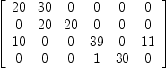 
\label{eq9}\left[ 
\begin{array}{cccccc}
{20}&{30}& 0 & 0 & 0 & 0 
\
0 &{20}&{20}& 0 & 0 & 0 
\
{10}& 0 & 0 &{39}& 0 &{11}
\
0 & 0 & 0 & 1 &{30}& 0 
