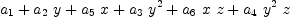 
\label{eq27}{a_{1}}+{{a_{2}}\  y}+{{a_{5}}\  x}+{{a_{3}}\ {{y}^{2}}}+{{a_{6}}\  x \  z}+{{a_{4}}\ {{y}^{2}}\  z}