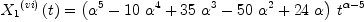 
\label{eq11}{{{X_{1}}_{\ }^{\left(vi \right)}}\left({t}\right)}={{\left({{\alpha}^{5}}-{{10}\ {{\alpha}^{4}}}+{{35}\ {{\alpha}^{3}}}-{{50}\ {{\alpha}^{2}}}+{{24}\  \alpha}\right)}\ {{t}^{\alpha - 5}}}