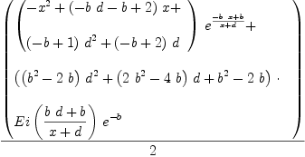 
\label{eq55}{\left(
\begin{array}{@{}l}
\displaystyle
{{\left({
\begin{array}{@{}l}
\displaystyle
-{{x}^{2}}+{{\left(-{b \  d}- b + 2 \right)}\  x}+ 
\
\
\displaystyle
{{\left(- b + 1 \right)}\ {{d}^{2}}}+{{\left(- b + 2 \right)}\  d}
