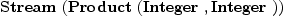 
\label{eq2}\hbox{\axiomType{Stream}\ } (\hbox{\axiomType{Product}\ } (\hbox{\axiomType{Integer}\ } , \hbox{\axiomType{Integer}\ }))