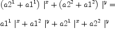 
\label{eq61}\begin{array}{@{}l}
\displaystyle
{{{\left({a 2^{1}}+{a 1^{1}}\right)}\ {|_{\ }^{x}}}+{{\left({a 2^{2}}+{a 1^{2}}\right)}\ {|_{\ }^{y}}}}= 
\
\
\displaystyle
{{{a 1^{1}}\ {|_{\ }^{x}}}+{{a 1^{2}}\ {|_{\ }^{y}}}+{{a 2^{1}}\ {|_{\ }^{x}}}+{{a 2^{2}}\ {|_{\ }^{y}}}}
