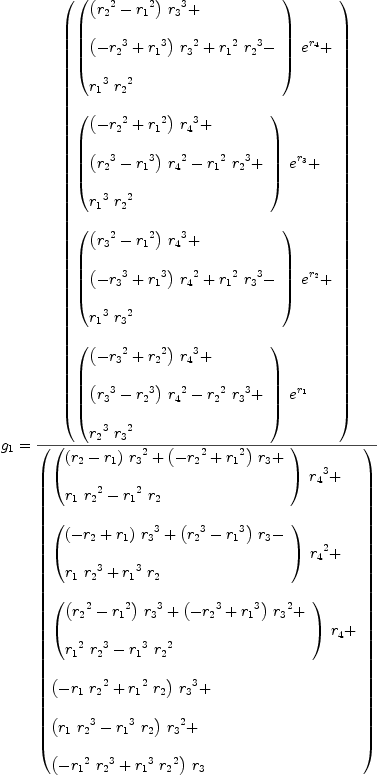 
\label{eq36}\begin{array}{@{}l}
\displaystyle
{g_{1}}={{\left(
\begin{array}{@{}l}
\displaystyle
{{\left({
\begin{array}{@{}l}
\displaystyle
{{\left({{r_{2}}^{2}}-{{r_{1}}^{2}}\right)}\ {{r_{3}}^{3}}}+ \
\
\displaystyle
{{\left(-{{r_{2}}^{3}}+{{r_{1}}^{3}}\right)}\ {{r_{3}}^{2}}}+{{{r_{1}}^{2}}\ {{r_{2}}^{3}}}- 
\
\
\displaystyle
{{{r_{1}}^{3}}\ {{r_{2}}^{2}}}
