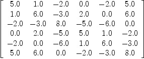 
\label{eq35}\left[ 
\begin{array}{cccccc}
{5.0}&{1.0}& -{2.0}&{0.0}& -{2.0}&{5.0}
\
{1.0}&{6.0}& -{3.0}&{2.0}&{0.0}&{6.0}
\
-{2.0}& -{3.0}&{8.0}& -{5.0}& -{6.0}&{0.0}
\
{0.0}&{2.0}& -{5.0}&{5.0}&{1.0}& -{2.0}
\
-{2.0}&{0.0}& -{6.0}&{1.0}&{6.0}& -{3.0}
\
{5.0}&{6.0}&{0.0}& -{2.0}& -{3.0}&{8.0}
