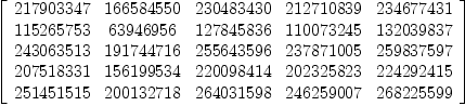 
\label{eq4}\left[ 
\begin{array}{ccccc}
{217903347}&{166584550}&{230483430}&{212710839}&{234677431}
\
{115265753}&{63946956}&{127845836}&{110073245}&{132039837}
\
{243063513}&{191744716}&{255643596}&{237871005}&{259837597}
\
{207518331}&{156199534}&{220098414}&{202325823}&{224292415}
\
{251451515}&{200132718}&{264031598}&{246259007}&{268225599}

