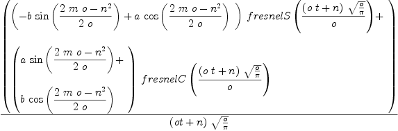 
\label{eq33}{\left(
\begin{array}{@{}l}
\displaystyle
{{\left({
\begin{array}{@{}l}
\displaystyle
-{b \ {\sin{\left({{{2 \  m \  o}-{{n}^{2}}}\over{2 \  o}}\right)}}}+{a \ {\cos{\left({{{2 \  m \  o}-{{n}^{2}}}\over{2 \  o}}\right)}}}
