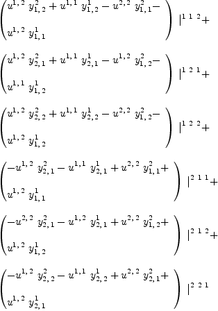 
\label{eq30}\begin{array}{@{}l}
\displaystyle
{{\left({
\begin{array}{@{}l}
\displaystyle
{{u^{1, \: 2}}\ {y_{1, \: 2}^{2}}}+{{u^{1, \: 1}}\ {y_{1, \: 2}^{1}}}-{{u^{2, \: 2}}\ {y_{1, \: 1}^{2}}}- 
\
\
\displaystyle
{{u^{1, \: 2}}\ {y_{1, \: 1}^{1}}}
