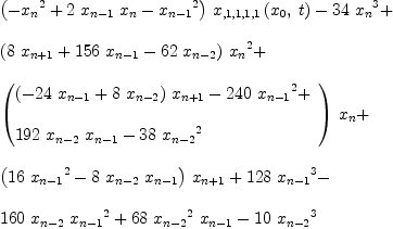 
\label{eq15}\begin{array}{@{}l}
\displaystyle
{{\left(-{{x_{n}}^{2}}+{2 \ {x_{n - 1}}\ {x_{n}}}-{{x_{n - 1}}^{2}}\right)}\ {{x_{{{{, 1}{, 1}}{, 1}}{, 1}}}\left({{x_{0}}, \: t}\right)}}-{{34}\ {{x_{n}}^{3}}}+ 
\
\
\displaystyle
{{\left({8 \ {x_{n + 1}}}+{{156}\ {x_{n - 1}}}-{{62}\ {x_{n - 2}}}\right)}\ {{x_{n}}^{2}}}+ 
\
\
\displaystyle
{{\left({
\begin{array}{@{}l}
\displaystyle
{{\left(-{{24}\ {x_{n - 1}}}+{8 \ {x_{n - 2}}}\right)}\ {x_{n + 1}}}-{{240}\ {{x_{n - 1}}^{2}}}+ 
\
\
\displaystyle
{{192}\ {x_{n - 2}}\ {x_{n - 1}}}-{{38}\ {{x_{n - 2}}^{2}}}
