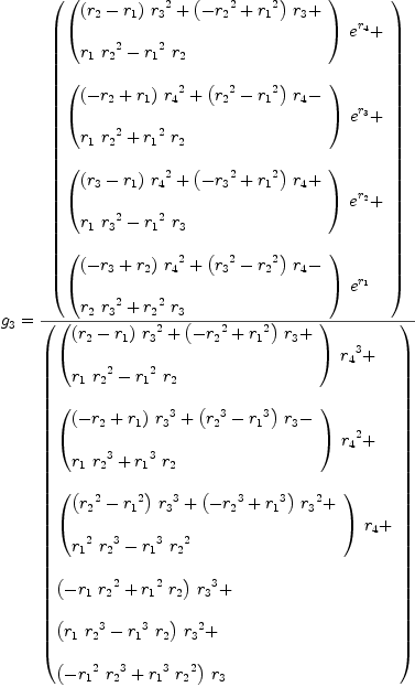 
\label{eq38}\begin{array}{@{}l}
\displaystyle
{g_{3}}={{\left(
\begin{array}{@{}l}
\displaystyle
{{\left({
\begin{array}{@{}l}
\displaystyle
{{\left({r_{2}}-{r_{1}}\right)}\ {{r_{3}}^{2}}}+{{\left(-{{r_{2}}^{2}}+{{r_{1}}^{2}}\right)}\ {r_{3}}}+ 
\
\
\displaystyle
{{r_{1}}\ {{r_{2}}^{2}}}-{{{r_{1}}^{2}}\ {r_{2}}}
