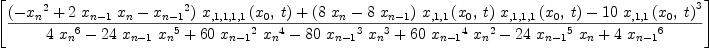 
\label{eq11}\left[{{{\left(-{{x_{n}}^{2}}+{2 \ {x_{n - 1}}\ {x_{n}}}-{{x_{n - 1}}^{2}}\right)}\ {{x_{{{{, 1}{, 1}}{, 1}}{, 1}}}\left({{x_{0}}, \: t}\right)}}+{{\left({8 \ {x_{n}}}-{8 \ {x_{n - 1}}}\right)}\ {{x_{{, 1}{, 1}}}\left({{x_{0}}, \: t}\right)}\ {{x_{{{, 1}{, 1}}{, 1}}}\left({{x_{0}}, \: t}\right)}}-{{10}\ {{{x_{{, 1}{, 1}}}\left({{x_{0}}, \: t}\right)}^{3}}}}\over{{4 \ {{x_{n}}^{6}}}-{{24}\ {x_{n - 1}}\ {{x_{n}}^{5}}}+{{60}\ {{x_{n - 1}}^{2}}\ {{x_{n}}^{4}}}-{{80}\ {{x_{n - 1}}^{3}}\ {{x_{n}}^{3}}}+{{60}\ {{x_{n - 1}}^{4}}\ {{x_{n}}^{2}}}-{{24}\ {{x_{n - 1}}^{5}}\ {x_{n}}}+{4 \ {{x_{n - 1}}^{6}}}}\right]