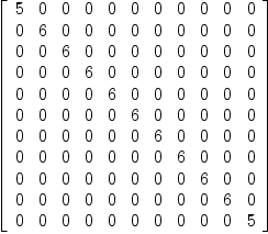 
\label{eq45}\left[ 
\begin{array}{ccccccccccc}
5 & 0 & 0 & 0 & 0 & 0 & 0 & 0 & 0 & 0 & 0 
\
0 & 6 & 0 & 0 & 0 & 0 & 0 & 0 & 0 & 0 & 0 
\
0 & 0 & 6 & 0 & 0 & 0 & 0 & 0 & 0 & 0 & 0 
\
0 & 0 & 0 & 6 & 0 & 0 & 0 & 0 & 0 & 0 & 0 
\
0 & 0 & 0 & 0 & 6 & 0 & 0 & 0 & 0 & 0 & 0 
\
0 & 0 & 0 & 0 & 0 & 6 & 0 & 0 & 0 & 0 & 0 
\
0 & 0 & 0 & 0 & 0 & 0 & 6 & 0 & 0 & 0 & 0 
\
0 & 0 & 0 & 0 & 0 & 0 & 0 & 6 & 0 & 0 & 0 
\
0 & 0 & 0 & 0 & 0 & 0 & 0 & 0 & 6 & 0 & 0 
\
0 & 0 & 0 & 0 & 0 & 0 & 0 & 0 & 0 & 6 & 0 
\
0 & 0 & 0 & 0 & 0 & 0 & 0 & 0 & 0 & 0 & 5 
