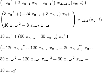 
\label{eq13}\begin{array}{@{}l}
\displaystyle
{{\left(-{{x_{n}}^{2}}+{2 \ {x_{n - 1}}\ {x_{n}}}-{{x_{n - 1}}^{2}}\right)}\ {{x_{{{{, 1}{, 1}}{, 1}}{, 1}}}\left({{x_{0}}, \: t}\right)}}+ 
\
\
\displaystyle
{{\left({
\begin{array}{@{}l}
\displaystyle
{8 \ {{x_{n}}^{2}}}+{{\left(-{{24}\ {x_{n - 1}}}+{8 \ {x_{n - 2}}}\right)}\ {x_{n}}}+ 
\
\
\displaystyle
{{16}\ {{x_{n - 1}}^{2}}}-{8 \ {x_{n - 2}}\ {x_{n - 1}}}
