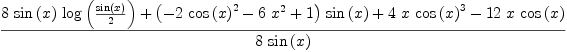 
\label{eq20}\frac{{8 \ {\sin \left({x}\right)}\ {\log \left({\frac{\sin \left({x}\right)}{2}}\right)}}+{{\left(-{2 \ {{\cos \left({x}\right)}^{2}}}-{6 \ {{x}^{2}}}+ 1 \right)}\ {\sin \left({x}\right)}}+{4 \  x \ {{\cos \left({x}\right)}^{3}}}-{{12}\  x \ {\cos \left({x}\right)}}}{8 \ {\sin \left({x}\right)}}