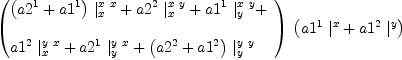 
\label{eq55}\begin{array}{@{}l}
\displaystyle
\ {\left({
\begin{array}{@{}l}
\displaystyle
{{\left({a 2^{1}}+{a 1^{1}}\right)}\ {|_{x}^{x \  x}}}+{{a 2^{2}}\ {|_{x}^{x \  y}}}+{{a 1^{1}}\ {|_{y}^{x \  y}}}+ 
\
\
\displaystyle
{{a 1^{2}}\ {|_{x}^{y \  x}}}+{{a 2^{1}}\ {|_{y}^{y \  x}}}+{{\left({a 2^{2}}+{a 1^{2}}\right)}\ {|_{y}^{y \  y}}}
