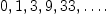 
\label{eq3}
0,1,3,9,33,\dots.
