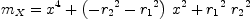 
\label{eq39}{m_{X}}={{{x}^{4}}+{{\left(-{{r_{2}}^{2}}-{{r_{1}}^{2}}\right)}\ {{x}^{2}}}+{{{r_{1}}^{2}}\ {{r_{2}}^{2}}}}