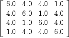 
\label{eq16}\left[ 
\begin{array}{cccc}
{6.0}&{4.0}&{4.0}&{1.0}
\
{4.0}&{6.0}&{1.0}&{4.0}
\
{4.0}&{1.0}&{6.0}&{4.0}
\
{1.0}&{4.0}&{4.0}&{6.0}
