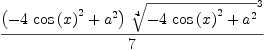 
\label{eq64}\frac{{\left(-{4 \ {{\cos \left({x}\right)}^{2}}}+{{a}^{2}}\right)}\ {{\root{4}\of{-{4 \ {{\cos \left({x}\right)}^{2}}}+{{a}^{2}}}}^{3}}}{7}