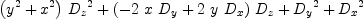 
\label{eq4}{{\left({{y}^{2}}+{{x}^{2}}\right)}\ {{D_{z}}^{2}}}+{{\left(-{2 \  x \ {D_{y}}}+{2 \  y \ {D_{x}}}\right)}\ {D_{z}}}+{{D_{y}}^{2}}+{{D_{x}}^{2}}