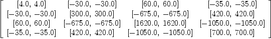 
\label{eq4}\left[ 
\begin{array}{cccc}
{\left[{4.0}, \:{4.0}\right]}&{\left[ -{30.0}, \: -{30.0}\right]}&{\left[{6
0.0}, \:{60.0}\right]}&{\left[ -{35.0}, \: -{35.0}\right]}
\
{\left[ -{30.0}, \: -{30.0}\right]}&{\left[{300.0}, \:{300.0}\right]}&{\left[ -{675.0}, \: -{675.0}\right]}&{\left[{420.0}, \:{420.0}\right]}
\
{\left[{60.0}, \:{60.0}\right]}&{\left[ -{675.0}, \: -{675.0}\right]}&{\left[{1
620.0}, \:{1620.0}\right]}&{\left[ -{1050.0}, \: -{1050.0}\right]}
\
{\left[ -{35.0}, \: -{35.0}\right]}&{\left[{420.0}, \:{420.0}\right]}&{\left[ -{1050.0}, \: -{1050.0}\right]}&{\left[{700.0}, \:{700.0}\right]}
