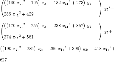 
\label{eq23}\begin{array}{@{}l}
\displaystyle
{{\left({
\begin{array}{@{}l}
\displaystyle
{{\left({{\left({{130}\ {{{x_{1}}_{1}}^{2}}}+{195}\right)}\ {{x_{2}}_{1}}}+{{182}\ {{{x_{1}}_{1}}^{2}}}+{273}\right)}\ {{y_{2}}_{1}}}+ 
\
\
\displaystyle
{{286}\ {{{x_{1}}_{1}}^{2}}}+{429}
