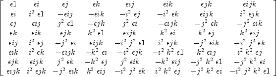 
\label{eq32}\left[ 
\begin{array}{cccccccc}
�� 1 & �� i & �� j & �� k & �� ij & �� ik & �� jk & �� ijk 
\
�� i &{{i^{2}}\  �� 1}& - �� ij & - �� ik & -{{i^{2}}\  �� j}& -{{i^{2}}\  �� k}& �� ijk &{{i^{2}}\  �� jk}
\
�� j & �� ij &{{j^{2}}\  �� 1}& - �� jk &{{j^{2}}\  �� i}& - �� ijk & -{{j^{2}}\  �� k}& -{{j^{2}}\  �� ik}
\
�� k & �� ik & �� jk &{{k^{2}}\  �� 1}& �� ijk &{{k^{2}}\  �� i}&{{k^{2}}\  �� j}&{{k^{2}}\  �� ij}
\
�� ij &{{i^{2}}\  �� j}& -{{j^{2}}\  �� i}& �� ijk & -{{i^{2}}\ {j^{2}}\  �� 1}&{{i^{2}}\  �� jk}& -{{j^{2}}\  �� ik}& -{{i^{2}}\ {j^{2}}\  �� k}
\
�� ik &{{i^{2}}\  �� k}& - �� ijk & -{{k^{2}}\  �� i}& -{{i^{2}}\  �� jk}& -{{i^{2}}\ {k^{2}}\  �� 1}&{{k^{2}}\  �� ij}&{{i^{2}}\ {k^{2}}\  �� j}
\
�� jk & �� ijk &{{j^{2}}\  �� k}& -{{k^{2}}\  �� j}&{{j^{2}}\  �� ik}& -{{k^{2}}\  �� ij}& -{{j^{2}}\ {k^{2}}\  �� 1}& -{{j^{2}}\ {k^{2}}\  �� i}
\
�� ijk &{{i^{2}}\  �� jk}& -{{j^{2}}\  �� ik}&{{k^{2}}\  �� ij}& -{{i^{2}}\ {j^{2}}\  �� k}&{{i^{2}}\ {k^{2}}\  �� j}& -{{j^{2}}\ {k^{2}}\  �� i}& -{{i^{2}}\ {j^{2}}\ {k^{2}}\  �� 1}
