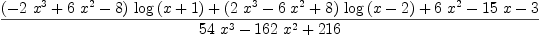 
\label{eq2}\frac{{{\left(-{2 \ {{x}^{3}}}+{6 \ {{x}^{2}}}- 8 \right)}\ {\log \left({x + 1}\right)}}+{{\left({2 \ {{x}^{3}}}-{6 \ {{x}^{2}}}+ 8 \right)}\ {\log \left({x - 2}\right)}}+{6 \ {{x}^{2}}}-{{1
5}\  x}- 3}{{{54}\ {{x}^{3}}}-{{162}\ {{x}^{2}}}+{216}}