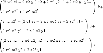 
\label{eq49}\begin{array}{@{}l}
\displaystyle
{{\left({
\begin{array}{@{}l}
\displaystyle
{{\left({2 \  w 2 \  z 1}-{2 \  x 2 \  y 1}\right)}\  z 2}+{2 \  x 2 \  y 2 \  z 1}+{2 \  w 2 \  y 1 \  y 2}+ 
\
\
\displaystyle
{2 \  w 1 \ {{x 2}^{2}}}+{2 \  w 1 \ {{w 2}^{2}}}

