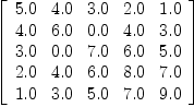 
\label{eq29}\left[ 
\begin{array}{ccccc}
{5.0}&{4.0}&{3.0}&{2.0}&{1.0}
\
{4.0}&{6.0}&{0.0}&{4.0}&{3.0}
\
{3.0}&{0.0}&{7.0}&{6.0}&{5.0}
\
{2.0}&{4.0}&{6.0}&{8.0}&{7.0}
\
{1.0}&{3.0}&{5.0}&{7.0}&{9.0}
