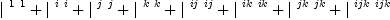 
\label{eq7}{|^{\  1 \  1}}+{|^{\  i \  i}}+{|^{\  j \  j}}+{|^{\  k \  k}}+{|^{\  ij \  ij}}+{|^{\  ik \  ik}}+{|^{\  jk \  jk}}+{|^{\  ijk \  ijk}}