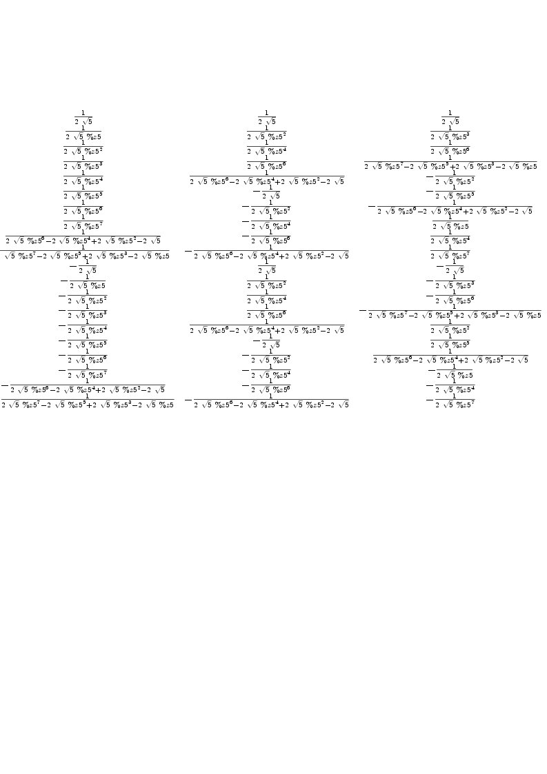 
\label{eq22}\left[ 
\begin{array}{cccccccccccccccccccc}
{1 \over{2 \ {\sqrt{5}}}}&{1 \over{2 \ {\sqrt{5}}}}&{1 \over{2 \ {\sqrt{5}}}}&{1 \over{2 \ {\sqrt{5}}}}&{1 \over{2 \ {\sqrt{5}}}}&{1 \over{2 \ {\sqrt{5}}}}&{1 \over{2 \ {\sqrt{5}}}}&{1 \over{2 \ {\sqrt{5}}}}&{1 \over{2 \ {\sqrt{5}}}}&{1 \over{2 \ {\sqrt{5}}}}&{1 \over{2 \ {\sqrt{5}}}}&{1 \over{2 \ {\sqrt{5}}}}&{1 \over{2 \ {\sqrt{5}}}}&{1 \over{2 \ {\sqrt{5}}}}&{1 \over{2 \ {\sqrt{5}}}}&{1 \over{2 \ {\sqrt{5}}}}&{1 \over{2 \ {\sqrt{5}}}}&{1 \over{2 \ {\sqrt{5}}}}&{1 \over{2 \ {\sqrt{5}}}}&{1 \over{2 \ {\sqrt{5}}}}
\
{1 \over{2 \ {\sqrt{5}}}}&{1 \over{2 \ {\sqrt{5}}\  \%z 5}}&{1 \over{2 \ {\sqrt{5}}\ {{\%z 5}^{2}}}}&{1 \over{2 \ {\sqrt{5}}\ {{\%z 5}^{3}}}}&{1 \over{2 \ {\sqrt{5}}\ {{\%z 5}^{4}}}}&{1 \over{2 \ {\sqrt{5}}\ {{\%z 5}^{5}}}}&{1 \over{2 \ {\sqrt{5}}\ {{\%z 5}^{6}}}}&{1 \over{2 \ {\sqrt{5}}\ {{\%z 5}^{7}}}}&{1 \over{{2 \ {\sqrt{5}}\ {{\%z 5}^{6}}}-{2 \ {\sqrt{5}}\ {{\%z 5}^{4}}}+{2 \ {\sqrt{5}}\ {{\%z 5}^{2}}}-{2 \ {\sqrt{5}}}}}&{1 \over{{2 \ {\sqrt{5}}\ {{\%z 5}^{7}}}-{2 \ {\sqrt{5}}\ {{\%z 5}^{5}}}+{2 \ {\sqrt{5}}\ {{\%z 5}^{3}}}-{2 \ {\sqrt{5}}\  \%z 5}}}& -{1 \over{2 \ {\sqrt{5}}}}& -{1 \over{2 \ {\sqrt{5}}\  \%z 5}}& -{1 \over{2 \ {\sqrt{5}}\ {{\%z 5}^{2}}}}& -{1 \over{2 \ {\sqrt{5}}\ {{\%z 5}^{3}}}}& -{1 \over{2 \ {\sqrt{5}}\ {{\%z 5}^{4}}}}& -{1 \over{2 \ {\sqrt{5}}\ {{\%z 5}^{5}}}}& -{1 \over{2 \ {\sqrt{5}}\ {{\%z 5}^{6}}}}& -{1 \over{2 \ {\sqrt{5}}\ {{\%z 5}^{7}}}}& -{1 \over{{2 \ {\sqrt{5}}\ {{\%z 5}^{6}}}-{2 \ {\sqrt{5}}\ {{\%z 5}^{4}}}+{2 \ {\sqrt{5}}\ {{\%z 5}^{2}}}-{2 \ {\sqrt{5}}}}}& -{1 \over{{2 \ {\sqrt{5}}\ {{\%z 5}^{7}}}-{2 \ {\sqrt{5}}\ {{\%z 5}^{5}}}+{2 \ {\sqrt{5}}\ {{\%z 5}^{3}}}-{2 \ {\sqrt{5}}\  \%z 5}}}
\
{1 \over{2 \ {\sqrt{5}}}}&{1 \over{2 \ {\sqrt{5}}\ {{\%z 5}^{2}}}}&{1 \over{2 \ {\sqrt{5}}\ {{\%z 5}^{4}}}}&{1 \over{2 \ {\sqrt{5}}\ {{\%z 5}^{6}}}}&{1 \over{{2 \ {\sqrt{5}}\ {{\%z 5}^{6}}}-{2 \ {\sqrt{5}}\ {{\%z 5}^{4}}}+{2 \ {\sqrt{5}}\ {{\%z 5}^{2}}}-{2 \ {\sqrt{5}}}}}& -{1 \over{2 \ {\sqrt{5}}}}& -{1 \over{2 \ {\sqrt{5}}\ {{\%z 5}^{2}}}}& -{1 \over{2 \ {\sqrt{5}}\ {{\%z 5}^{4}}}}& -{1 \over{2 \ {\sqrt{5}}\ {{\%z 5}^{6}}}}& -{1 \over{{2 \ {\sqrt{5}}\ {{\%z 5}^{6}}}-{2 \ {\sqrt{5}}\ {{\%z 5}^{4}}}+{2 \ {\sqrt{5}}\ {{\%z 5}^{2}}}-{2 \ {\sqrt{5}}}}}&{1 \over{2 \ {\sqrt{5}}}}&{1 \over{2 \ {\sqrt{5}}\ {{\%z 5}^{2}}}}&{1 \over{2 \ {\sqrt{5}}\ {{\%z 5}^{4}}}}&{1 \over{2 \ {\sqrt{5}}\ {{\%z 5}^{6}}}}&{1 \over{{2 \ {\sqrt{5}}\ {{\%z 5}^{6}}}-{2 \ {\sqrt{5}}\ {{\%z 5}^{4}}}+{2 \ {\sqrt{5}}\ {{\%z 5}^{2}}}-{2 \ {\sqrt{5}}}}}& -{1 \over{2 \ {\sqrt{5}}}}& -{1 \over{2 \ {\sqrt{5}}\ {{\%z 5}^{2}}}}& -{1 \over{2 \ {\sqrt{5}}\ {{\%z 5}^{4}}}}& -{1 \over{2 \ {\sqrt{5}}\ {{\%z 5}^{6}}}}& -{1 \over{{2 \ {\sqrt{5}}\ {{\%z 5}^{6}}}-{2 \ {\sqrt{5}}\ {{\%z 5}^{4}}}+{2 \ {\sqrt{5}}\ {{\%z 5}^{2}}}-{2 \ {\sqrt{5}}}}}
\
{1 \over{2 \ {\sqrt{5}}}}&{1 \over{2 \ {\sqrt{5}}\ {{\%z 5}^{3}}}}&{1 \over{2 \ {\sqrt{5}}\ {{\%z 5}^{6}}}}&{1 \over{{2 \ {\sqrt{5}}\ {{\%z 5}^{7}}}-{2 \ {\sqrt{5}}\ {{\%z 5}^{5}}}+{2 \ {\sqrt{5}}\ {{\%z 5}^{3}}}-{2 \ {\sqrt{5}}\  \%z 5}}}& -{1 \over{2 \ {\sqrt{5}}\ {{\%z 5}^{2}}}}& -{1 \over{2 \ {\sqrt{5}}\ {{\%z 5}^{5}}}}& -{1 \over{{2 \ {\sqrt{5}}\ {{\%z 5}^{6}}}-{2 \ {\sqrt{5}}\ {{\%z 5}^{4}}}+{2 \ {\sqrt{5}}\ {{\%z 5}^{2}}}-{2 \ {\sqrt{5}}}}}&{1 \over{2 \ {\sqrt{5}}\  \%z 5}}&{1 \over{2 \ {\sqrt{5}}\ {{\%z 5}^{4}}}}&{1 \over{2 \ {\sqrt{5}}\ {{\%z 5}^{7}}}}& -{1 \over{2 \ {\sqrt{5}}}}& -{1 \over{2 \ {\sqrt{5}}\ {{\%z 5}^{3}}}}& -{1 \over{2 \ {\sqrt{5}}\ {{\%z 5}^{6}}}}& -{1 \over{{2 \ {\sqrt{5}}\ {{\%z 5}^{7}}}-{2 \ {\sqrt{5}}\ {{\%z 5}^{5}}}+{2 \ {\sqrt{5}}\ {{\%z 5}^{3}}}-{2 \ {\sqrt{5}}\  \%z 5}}}&{1 \over{2 \ {\sqrt{5}}\ {{\%z 5}^{2}}}}&{1 \over{2 \ {\sqrt{5}}\ {{\%z 5}^{5}}}}&{1 \over{{2 \ {\sqrt{5}}\ {{\%z 5}^{6}}}-{2 \ {\sqrt{5}}\ {{\%z 5}^{4}}}+{2 \ {\sqrt{5}}\ {{\%z 5}^{2}}}-{2 \ {\sqrt{5}}}}}& -{1 \over{2 \ {\sqrt{5}}\  \%z 5}}& -{1 \over{2 \ {\sqrt{5}}\ {{\%z 5}^{4}}}}& -{1 \over{2 \ {\sqrt{5}}\ {{\%z 5}^{7}}}}
\
{1 \over{2 \ {\sqrt{5}}}}&{1 \over{2 \ {\sqrt{5}}\ {{\%z 5}^{4}}}}&{1 \over{{2 \ {\sqrt{5}}\ {{\%z 5}^{6}}}-{2 \ {\sqrt{5}}\ {{\%z 5}^{4}}}+{2 \ {\sqrt{5}}\ {{\%z 5}^{2}}}-{2 \ {\sqrt{5}}}}}& -{1 \over{2 \ {\sqrt{5}}\ {{\%z 5}^{2}}}}& -{1 \over{2 \ {\sqrt{5}}\ {{\%z 5}^{6}}}}&{1 \over{2 \ {\sqrt{5}}}}&{1 \over{2 \ {\sqrt{5}}\ {{\%z 5}^{4}}}}&{1 \over{{2 \ {\sqrt{5}}\ {{\%z 5}^{6}}}-{2 \ {\sqrt{5}}\ {{\%z 5}^{4}}}+{2 \ {\sqrt{5}}\ {{\%z 5}^{2}}}-{2 \ {\sqrt{5}}}}}& -{1 \over{2 \ {\sqrt{5}}\ {{\%z 5}^{2}}}}& -{1 \over{2 \ {\sqrt{5}}\ {{\%z 5}^{6}}}}&{1 \over{2 \ {\sqrt{5}}}}&{1 \over{2 \ {\sqrt{5}}\ {{\%z 5}^{4}}}}&{1 \over{{2 \ {\sqrt{5}}\ {{\%z 5}^{6}}}-{2 \ {\sqrt{5}}\ {{\%z 5}^{4}}}+{2 \ {\sqrt{5}}\ {{\%z 5}^{2}}}-{2 \ {\sqrt{5}}}}}& -{1 \over{2 \ {\sqrt{5}}\ {{\%z 5}^{2}}}}& -{1 \over{2 \ {\sqrt{5}}\ {{\%z 5}^{6}}}}&{1 \over{2 \ {\sqrt{5}}}}&{1 \over{2 \ {\sqrt{5}}\ {{\%z 5}^{4}}}}&{1 \over{{2 \ {\sqrt{5}}\ {{\%z 5}^{6}}}-{2 \ {\sqrt{5}}\ {{\%z 5}^{4}}}+{2 \ {\sqrt{5}}\ {{\%z 5}^{2}}}-{2 \ {\sqrt{5}}}}}& -{1 \over{2 \ {\sqrt{5}}\ {{\%z 5}^{2}}}}& -{1 \over{2 \ {\sqrt{5}}\ {{\%z 5}^{6}}}}
\
{1 \over{2 \ {\sqrt{5}}}}&{1 \over{2 \ {\sqrt{5}}\ {{\%z 5}^{5}}}}& -{1 \over{2 \ {\sqrt{5}}}}& -{1 \over{2 \ {\sqrt{5}}\ {{\%z 5}^{5}}}}&{1 \over{2 \ {\sqrt{5}}}}&{1 \over{2 \ {\sqrt{5}}\ {{\%z 5}^{5}}}}& -{1 \over{2 \ {\sqrt{5}}}}& -{1 \over{2 \ {\sqrt{5}}\ {{\%z 5}^{5}}}}&{1 \over{2 \ {\sqrt{5}}}}&{1 \over{2 \ {\sqrt{5}}\ {{\%z 5}^{5}}}}& -{1 \over{2 \ {\sqrt{5}}}}& -{1 \over{2 \ {\sqrt{5}}\ {{\%z 5}^{5}}}}&{1 \over{2 \ {\sqrt{5}}}}&{1 \over{2 \ {\sqrt{5}}\ {{\%z 5}^{5}}}}& -{1 \over{2 \ {\sqrt{5}}}}& -{1 \over{2 \ {\sqrt{5}}\ {{\%z 5}^{5}}}}&{1 \over{2 \ {\sqrt{5}}}}&{1 \over{2 \ {\sqrt{5}}\ {{\%z 5}^{5}}}}& -{1 \over{2 \ {\sqrt{5}}}}& -{1 \over{2 \ {\sqrt{5}}\ {{\%z 5}^{5}}}}
\
{1 \over{2 \ {\sqrt{5}}}}&{1 \over{2 \ {\sqrt{5}}\ {{\%z 5}^{6}}}}& -{1 \over{2 \ {\sqrt{5}}\ {{\%z 5}^{2}}}}& -{1 \over{{2 \ {\sqrt{5}}\ {{\%z 5}^{6}}}-{2 \ {\sqrt{5}}\ {{\%z 5}^{4}}}+{2 \ {\sqrt{5}}\ {{\%z 5}^{2}}}-{2 \ {\sqrt{5}}}}}&{1 \over{2 \ {\sqrt{5}}\ {{\%z 5}^{4}}}}& -{1 \over{2 \ {\sqrt{5}}}}& -{1 \over{2 \ {\sqrt{5}}\ {{\%z 5}^{6}}}}&{1 \over{2 \ {\sqrt{5}}\ {{\%z 5}^{2}}}}&{1 \over{{2 \ {\sqrt{5}}\ {{\%z 5}^{6}}}-{2 \ {\sqrt{5}}\ {{\%z 5}^{4}}}+{2 \ {\sqrt{5}}\ {{\%z 5}^{2}}}-{2 \ {\sqrt{5}}}}}& -{1 \over{2 \ {\sqrt{5}}\ {{\%z 5}^{4}}}}&{1 \over{2 \ {\sqrt{5}}}}&{1 \over{2 \ {\sqrt{5}}\ {{\%z 5}^{6}}}}& -{1 \over{2 \ {\sqrt{5}}\ {{\%z 5}^{2}}}}& -{1 \over{{2 \ {\sqrt{5}}\ {{\%z 5}^{6}}}-{2 \ {\sqrt{5}}\ {{\%z 5}^{4}}}+{2 \ {\sqrt{5}}\ {{\%z 5}^{2}}}-{2 \ {\sqrt{5}}}}}&{1 \over{2 \ {\sqrt{5}}\ {{\%z 5}^{4}}}}& -{1 \over{2 \ {\sqrt{5}}}}& -{1 \over{2 \ {\sqrt{5}}\ {{\%z 5}^{6}}}}&{1 \over{2 \ {\sqrt{5}}\ {{\%z 5}^{2}}}}&{1 \over{{2 \ {\sqrt{5}}\ {{\%z 5}^{6}}}-{2 \ {\sqrt{5}}\ {{\%z 5}^{4}}}+{2 \ {\sqrt{5}}\ {{\%z 5}^{2}}}-{2 \ {\sqrt{5}}}}}& -{1 \over{2 \ {\sqrt{5}}\ {{\%z 5}^{4}}}}
\
{1 \over{2 \ {\sqrt{5}}}}&{1 \over{2 \ {\sqrt{5}}\ {{\%z 5}^{7}}}}& -{1 \over{2 \ {\sqrt{5}}\ {{\%z 5}^{4}}}}&{1 \over{2 \ {\sqrt{5}}\  \%z 5}}&{1 \over{{2 \ {\sqrt{5}}\ {{\%z 5}^{6}}}-{2 \ {\sqrt{5}}\ {{\%z 5}^{4}}}+{2 \ {\sqrt{5}}\ {{\%z 5}^{2}}}-{2 \ {\sqrt{5}}}}}& -{1 \over{2 \ {\sqrt{5}}\ {{\%z 5}^{5}}}}&{1 \over{2 \ {\sqrt{5}}\ {{\%z 5}^{2}}}}&{1 \over{{2 \ {\sqrt{5}}\ {{\%z 5}^{7}}}-{2 \ {\sqrt{5}}\ {{\%z 5}^{5}}}+{2 \ {\sqrt{5}}\ {{\%z 5}^{3}}}-{2 \ {\sqrt{5}}\  \%z 5}}}& -{1 \over{2 \ {\sqrt{5}}\ {{\%z 5}^{6}}}}&{1 \over{2 \ {\sqrt{5}}\ {{\%z 5}^{3}}}}& -{1 \over{2 \ {\sqrt{5}}}}& -{1 \over{2 \ {\sqrt{5}}\ {{\%z 5}^{7}}}}&{1 \over{2 \ {\sqrt{5}}\ {{\%z 5}^{4}}}}& -{1 \over{2 \ {\sqrt{5}}\  \%z 5}}& -{1 \over{{2 \ {\sqrt{5}}\ {{\%z 5}^{6}}}-{2 \ {\sqrt{5}}\ {{\%z 5}^{4}}}+{2 \ {\sqrt{5}}\ {{\%z 5}^{2}}}-{2 \ {\sqrt{5}}}}}&{1 \over{2 \ {\sqrt{5}}\ {{\%z 5}^{5}}}}& -{1 \over{2 \ {\sqrt{5}}\ {{\%z 5}^{2}}}}& -{1 \over{{2 \ {\sqrt{5}}\ {{\%z 5}^{7}}}-{2 \ {\sqrt{5}}\ {{\%z 5}^{5}}}+{2 \ {\sqrt{5}}\ {{\%z 5}^{3}}}-{2 \ {\sqrt{5}}\  \%z 5}}}&{1 \over{2 \ {\sqrt{5}}\ {{\%z 5}^{6}}}}& -{1 \over{2 \ {\sqrt{5}}\ {{\%z 5}^{3}}}}
\
{1 \over{2 \ {\sqrt{5}}}}&{1 \over{{2 \ {\sqrt{5}}\ {{\%z 5}^{6}}}-{2 \ {\sqrt{5}}\ {{\%z 5}^{4}}}+{2 \ {\sqrt{5}}\ {{\%z 5}^{2}}}-{2 \ {\sqrt{5}}}}}& -{1 \over{2 \ {\sqrt{5}}\ {{\%z 5}^{6}}}}&{1 \over{2 \ {\sqrt{5}}\ {{\%z 5}^{4}}}}& -{1 \over{2 \ {\sqrt{5}}\ {{\%z 5}^{2}}}}&{1 \over{2 \ {\sqrt{5}}}}&{1 \over{{2 \ {\sqrt{5}}\ {{\%z 5}^{6}}}-{2 \ {\sqrt{5}}\ {{\%z 5}^{4}}}+{2 \ {\sqrt{5}}\ {{\%z 5}^{2}}}-{2 \ {\sqrt{5}}}}}& -{1 \over{2 \ {\sqrt{5}}\ {{\%z 5}^{6}}}}&{1 \over{2 \ {\sqrt{5}}\ {{\%z 5}^{4}}}}& -{1 \over{2 \ {\sqrt{5}}\ {{\%z 5}^{2}}}}&{1 \over{2 \ {\sqrt{5}}}}&{1 \over{{2 \ {\sqrt{5}}\ {{\%z 5}^{6}}}-{2 \ {\sqrt{5}}\ {{\%z 5}^{4}}}+{2 \ {\sqrt{5}}\ {{\%z 5}^{2}}}-{2 \ {\sqrt{5}}}}}& -{1 \over{2 \ {\sqrt{5}}\ {{\%z 5}^{6}}}}&{1 \over{2 \ {\sqrt{5}}\ {{\%z 5}^{4}}}}& -{1 \over{2 \ {\sqrt{5}}\ {{\%z 5}^{2}}}}&{1 \over{2 \ {\sqrt{5}}}}&{1 \over{{2 \ {\sqrt{5}}\ {{\%z 5}^{6}}}-{2 \ {\sqrt{5}}\ {{\%z 5}^{4}}}+{2 \ {\sqrt{5}}\ {{\%z 5}^{2}}}-{2 \ {\sqrt{5}}}}}& -{1 \over{2 \ {\sqrt{5}}\ {{\%z 5}^{6}}}}&{1 \over{2 \ {\sqrt{5}}\ {{\%z 5}^{4}}}}& -{1 \over{2 \ {\sqrt{5}}\ {{\%z 5}^{2}}}}
\
{1 \over{2 \ {\sqrt{5}}}}&{1 \over{{2 \ {\sqrt{5}}\ {{\%z 5}^{7}}}-{2 \ {\sqrt{5}}\ {{\%z 5}^{5}}}+{2 \ {\sqrt{5}}\ {{\%z 5}^{3}}}-{2 \ {\sqrt{5}}\  \%z 5}}}& -{1 \over{{2 \ {\sqrt{5}}\ {{\%z 5}^{6}}}-{2 \ {\sqrt{5}}\ {{\%z 5}^{4}}}+{2 \ {\sqrt{5}}\ {{\%z 5}^{2}}}-{2 \ {\sqrt{5}}}}}&{1 \over{2 \ {\sqrt{5}}\ {{\%z 5}^{7}}}}& -{1 \over{2 \ {\sqrt{5}}\ {{\%z 5}^{6}}}}&{1 \over{2 \ {\sqrt{5}}\ {{\%z 5}^{5}}}}& -{1 \over{2 \ {\sqrt{5}}\ {{\%z 5}^{4}}}}&{1 \over{2 \ {\sqrt{5}}\ {{\%z 5}^{3}}}}& -{1 \over{2 \ {\sqrt{5}}\ {{\%z 5}^{2}}}}&{1 \over{2 \ {\sqrt{5}}\  \%z 5}}& -{1 \over{2 \ {\sqrt{5}}}}& -{1 \over{{2 \ {\sqrt{5}}\ {{\%z 5}^{7}}}-{2 \ {\sqrt{5}}\ {{\%z 5}^{5}}}+{2 \ {\sqrt{5}}\ {{\%z 5}^{3}}}-{2 \ {\sqrt{5}}\  \%z 5}}}&{1 \over{{2 \ {\sqrt{5}}\ {{\%z 5}^{6}}}-{2 \ {\sqrt{5}}\ {{\%z 5}^{4}}}+{2 \ {\sqrt{5}}\ {{\%z 5}^{2}}}-{2 \ {\sqrt{5}}}}}& -{1 \over{2 \ {\sqrt{5}}\ {{\%z 5}^{7}}}}&{1 \over{2 \ {\sqrt{5}}\ {{\%z 5}^{6}}}}& -{1 \over{2 \ {\sqrt{5}}\ {{\%z 5}^{5}}}}&{1 \over{2 \ {\sqrt{5}}\ {{\%z 5}^{4}}}}& -{1 \over{2 \ {\sqrt{5}}\ {{\%z 5}^{3}}}}&{1 \over{2 \ {\sqrt{5}}\ {{\%z 5}^{2}}}}& -{1 \over{2 \ {\sqrt{5}}\  \%z 5}}
\
{1 \over{2 \ {\sqrt{5}}}}& -{1 \over{2 \ {\sqrt{5}}}}&{1 \over{2 \ {\sqrt{5}}}}& -{1 \over{2 \ {\sqrt{5}}}}&{1 \over{2 \ {\sqrt{5}}}}& -{1 \over{2 \ {\sqrt{5}}}}&{1 \over{2 \ {\sqrt{5}}}}& -{1 \over{2 \ {\sqrt{5}}}}&{1 \over{2 \ {\sqrt{5}}}}& -{1 \over{2 \ {\sqrt{5}}}}&{1 \over{2 \ {\sqrt{5}}}}& -{1 \over{2 \ {\sqrt{5}}}}&{1 \over{2 \ {\sqrt{5}}}}& -{1 \over{2 \ {\sqrt{5}}}}&{1 \over{2 \ {\sqrt{5}}}}& -{1 \over{2 \ {\sqrt{5}}}}&{1 \over{2 \ {\sqrt{5}}}}& -{1 \over{2 \ {\sqrt{5}}}}&{1 \over{2 \ {\sqrt{5}}}}& -{1 \over{2 \ {\sqrt{5}}}}
\
{1 \over{2 \ {\sqrt{5}}}}& -{1 \over{2 \ {\sqrt{5}}\  \%z 5}}&{1 \over{2 \ {\sqrt{5}}\ {{\%z 5}^{2}}}}& -{1 \over{2 \ {\sqrt{5}}\ {{\%z 5}^{3}}}}&{1 \over{2 \ {\sqrt{5}}\ {{\%z 5}^{4}}}}& -{1 \over{2 \ {\sqrt{5}}\ {{\%z 5}^{5}}}}&{1 \over{2 \ {\sqrt{5}}\ {{\%z 5}^{6}}}}& -{1 \over{2 \ {\sqrt{5}}\ {{\%z 5}^{7}}}}&{1 \over{{2 \ {\sqrt{5}}\ {{\%z 5}^{6}}}-{2 \ {\sqrt{5}}\ {{\%z 5}^{4}}}+{2 \ {\sqrt{5}}\ {{\%z 5}^{2}}}-{2 \ {\sqrt{5}}}}}& -{1 \over{{2 \ {\sqrt{5}}\ {{\%z 5}^{7}}}-{2 \ {\sqrt{5}}\ {{\%z 5}^{5}}}+{2 \ {\sqrt{5}}\ {{\%z 5}^{3}}}-{2 \ {\sqrt{5}}\  \%z 5}}}& -{1 \over{2 \ {\sqrt{5}}}}&{1 \over{2 \ {\sqrt{5}}\  \%z 5}}& -{1 \over{2 \ {\sqrt{5}}\ {{\%z 5}^{2}}}}&{1 \over{2 \ {\sqrt{5}}\ {{\%z 5}^{3}}}}& -{1 \over{2 \ {\sqrt{5}}\ {{\%z 5}^{4}}}}&{1 \over{2 \ {\sqrt{5}}\ {{\%z 5}^{5}}}}& -{1 \over{2 \ {\sqrt{5}}\ {{\%z 5}^{6}}}}&{1 \over{2 \ {\sqrt{5}}\ {{\%z 5}^{7}}}}& -{1 \over{{2 \ {\sqrt{5}}\ {{\%z 5}^{6}}}-{2 \ {\sqrt{5}}\ {{\%z 5}^{4}}}+{2 \ {\sqrt{5}}\ {{\%z 5}^{2}}}-{2 \ {\sqrt{5}}}}}&{1 \over{{2 \ {\sqrt{5}}\ {{\%z 5}^{7}}}-{2 \ {\sqrt{5}}\ {{\%z 5}^{5}}}+{2 \ {\sqrt{5}}\ {{\%z 5}^{3}}}-{2 \ {\sqrt{5}}\  \%z 5}}}
\
{1 \over{2 \ {\sqrt{5}}}}& -{1 \over{2 \ {\sqrt{5}}\ {{\%z 5}^{2}}}}&{1 \over{2 \ {\sqrt{5}}\ {{\%z 5}^{4}}}}& -{1 \over{2 \ {\sqrt{5}}\ {{\%z 5}^{6}}}}&{1 \over{{2 \ {\sqrt{5}}\ {{\%z 5}^{6}}}-{2 \ {\sqrt{5}}\ {{\%z 5}^{4}}}+{2 \ {\sqrt{5}}\ {{\%z 5}^{2}}}-{2 \ {\sqrt{5}}}}}&{1 \over{2 \ {\sqrt{5}}}}& -{1 \over{2 \ {\sqrt{5}}\ {{\%z 5}^{2}}}}&{1 \over{2 \ {\sqrt{5}}\ {{\%z 5}^{4}}}}& -{1 \over{2 \ {\sqrt{5}}\ {{\%z 5}^{6}}}}&{1 \over{{2 \ {\sqrt{5}}\ {{\%z 5}^{6}}}-{2 \ {\sqrt{5}}\ {{\%z 5}^{4}}}+{2 \ {\sqrt{5}}\ {{\%z 5}^{2}}}-{2 \ {\sqrt{5}}}}}&{1 \over{2 \ {\sqrt{5}}}}& -{1 \over{2 \ {\sqrt{5}}\ {{\%z 5}^{2}}}}&{1 \over{2 \ {\sqrt{5}}\ {{\%z 5}^{4}}}}& -{1 \over{2 \ {\sqrt{5}}\ {{\%z 5}^{6}}}}&{1 \over{{2 \ {\sqrt{5}}\ {{\%z 5}^{6}}}-{2 \ {\sqrt{5}}\ {{\%z 5}^{4}}}+{2 \ {\sqrt{5}}\ {{\%z 5}^{2}}}-{2 \ {\sqrt{5}}}}}&{1 \over{2 \ {\sqrt{5}}}}& -{1 \over{2 \ {\sqrt{5}}\ {{\%z 5}^{2}}}}&{1 \over{2 \ {\sqrt{5}}\ {{\%z 5}^{4}}}}& -{1 \over{2 \ {\sqrt{5}}\ {{\%z 5}^{6}}}}&{1 \over{{2 \ {\sqrt{5}}\ {{\%z 5}^{6}}}-{2 \ {\sqrt{5}}\ {{\%z 5}^{4}}}+{2 \ {\sqrt{5}}\ {{\%z 5}^{2}}}-{2 \ {\sqrt{5}}}}}
\
{1 \over{2 \ {\sqrt{5}}}}& -{1 \over{2 \ {\sqrt{5}}\ {{\%z 5}^{3}}}}&{1 \over{2 \ {\sqrt{5}}\ {{\%z 5}^{6}}}}& -{1 \over{{2 \ {\sqrt{5}}\ {{\%z 5}^{7}}}-{2 \ {\sqrt{5}}\ {{\%z 5}^{5}}}+{2 \ {\sqrt{5}}\ {{\%z 5}^{3}}}-{2 \ {\sqrt{5}}\  \%z 5}}}& -{1 \over{2 \ {\sqrt{5}}\ {{\%z 5}^{2}}}}&{1 \over{2 \ {\sqrt{5}}\ {{\%z 5}^{5}}}}& -{1 \over{{2 \ {\sqrt{5}}\ {{\%z 5}^{6}}}-{2 \ {\sqrt{5}}\ {{\%z 5}^{4}}}+{2 \ {\sqrt{5}}\ {{\%z 5}^{2}}}-{2 \ {\sqrt{5}}}}}& -{1 \over{2 \ {\sqrt{5}}\  \%z 5}}&{1 \over{2 \ {\sqrt{5}}\ {{\%z 5}^{4}}}}& -{1 \over{2 \ {\sqrt{5}}\ {{\%z 5}^{7}}}}& -{1 \over{2 \ {\sqrt{5}}}}&{1 \over{2 \ {\sqrt{5}}\ {{\%z 5}^{3}}}}& -{1 \over{2 \ {\sqrt{5}}\ {{\%z 5}^{6}}}}&{1 \over{{2 \ {\sqrt{5}}\ {{\%z 5}^{7}}}-{2 \ {\sqrt{5}}\ {{\%z 5}^{5}}}+{2 \ {\sqrt{5}}\ {{\%z 5}^{3}}}-{2 \ {\sqrt{5}}\  \%z 5}}}&{1 \over{2 \ {\sqrt{5}}\ {{\%z 5}^{2}}}}& -{1 \over{2 \ {\sqrt{5}}\ {{\%z 5}^{5}}}}&{1 \over{{2 \ {\sqrt{5}}\ {{\%z 5}^{6}}}-{2 \ {\sqrt{5}}\ {{\%z 5}^{4}}}+{2 \ {\sqrt{5}}\ {{\%z 5}^{2}}}-{2 \ {\sqrt{5}}}}}&{1 \over{2 \ {\sqrt{5}}\  \%z 5}}& -{1 \over{2 \ {\sqrt{5}}\ {{\%z 5}^{4}}}}&{1 \over{2 \ {\sqrt{5}}\ {{\%z 5}^{7}}}}
\
{1 \over{2 \ {\sqrt{5}}}}& -{1 \over{2 \ {\sqrt{5}}\ {{\%z 5}^{4}}}}&{1 \over{{2 \ {\sqrt{5}}\ {{\%z 5}^{6}}}-{2 \ {\sqrt{5}}\ {{\%z 5}^{4}}}+{2 \ {\sqrt{5}}\ {{\%z 5}^{2}}}-{2 \ {\sqrt{5}}}}}&{1 \over{2 \ {\sqrt{5}}\ {{\%z 5}^{2}}}}& -{1 \over{2 \ {\sqrt{5}}\ {{\%z 5}^{6}}}}& -{1 \over{2 \ {\sqrt{5}}}}&{1 \over{2 \ {\sqrt{5}}\ {{\%z 5}^{4}}}}& -{1 \over{{2 \ {\sqrt{5}}\ {{\%z 5}^{6}}}-{2 \ {\sqrt{5}}\ {{\%z 5}^{4}}}+{2 \ {\sqrt{5}}\ {{\%z 5}^{2}}}-{2 \ {\sqrt{5}}}}}& -{1 \over{2 \ {\sqrt{5}}\ {{\%z 5}^{2}}}}&{1 \over{2 \ {\sqrt{5}}\ {{\%z 5}^{6}}}}&{1 \over{2 \ {\sqrt{5}}}}& -{1 \over{2 \ {\sqrt{5}}\ {{\%z 5}^{4}}}}&{1 \over{{2 \ {\sqrt{5}}\ {{\%z 5}^{6}}}-{2 \ {\sqrt{5}}\ {{\%z 5}^{4}}}+{2 \ {\sqrt{5}}\ {{\%z 5}^{2}}}-{2 \ {\sqrt{5}}}}}&{1 \over{2 \ {\sqrt{5}}\ {{\%z 5}^{2}}}}& -{1 \over{2 \ {\sqrt{5}}\ {{\%z 5}^{6}}}}& -{1 \over{2 \ {\sqrt{5}}}}&{1 \over{2 \ {\sqrt{5}}\ {{\%z 5}^{4}}}}& -{1 \over{{2 \ {\sqrt{5}}\ {{\%z 5}^{6}}}-{2 \ {\sqrt{5}}\ {{\%z 5}^{4}}}+{2 \ {\sqrt{5}}\ {{\%z 5}^{2}}}-{2 \ {\sqrt{5}}}}}& -{1 \over{2 \ {\sqrt{5}}\ {{\%z 5}^{2}}}}&{1 \over{2 \ {\sqrt{5}}\ {{\%z 5}^{6}}}}
\
{1 \over{2 \ {\sqrt{5}}}}& -{1 \over{2 \ {\sqrt{5}}\ {{\%z 5}^{5}}}}& -{1 \over{2 \ {\sqrt{5}}}}&{1 \over{2 \ {\sqrt{5}}\ {{\%z 5}^{5}}}}&{1 \over{2 \ {\sqrt{5}}}}& -{1 \over{2 \ {\sqrt{5}}\ {{\%z 5}^{5}}}}& -{1 \over{2 \ {\sqrt{5}}}}&{1 \over{2 \ {\sqrt{5}}\ {{\%z 5}^{5}}}}&{1 \over{2 \ {\sqrt{5}}}}& -{1 \over{2 \ {\sqrt{5}}\ {{\%z 5}^{5}}}}& -{1 \over{2 \ {\sqrt{5}}}}&{1 \over{2 \ {\sqrt{5}}\ {{\%z 5}^{5}}}}&{1 \over{2 \ {\sqrt{5}}}}& -{1 \over{2 \ {\sqrt{5}}\ {{\%z 5}^{5}}}}& -{1 \over{2 \ {\sqrt{5}}}}&{1 \over{2 \ {\sqrt{5}}\ {{\%z 5}^{5}}}}&{1 \over{2 \ {\sqrt{5}}}}& -{1 \over{2 \ {\sqrt{5}}\ {{\%z 5}^{5}}}}& -{1 \over{2 \ {\sqrt{5}}}}&{1 \over{2 \ {\sqrt{5}}\ {{\%z 5}^{5}}}}
\
{1 \over{2 \ {\sqrt{5}}}}& -{1 \over{2 \ {\sqrt{5}}\ {{\%z 5}^{6}}}}& -{1 \over{2 \ {\sqrt{5}}\ {{\%z 5}^{2}}}}&{1 \over{{2 \ {\sqrt{5}}\ {{\%z 5}^{6}}}-{2 \ {\sqrt{5}}\ {{\%z 5}^{4}}}+{2 \ {\sqrt{5}}\ {{\%z 5}^{2}}}-{2 \ {\sqrt{5}}}}}&{1 \over{2 \ {\sqrt{5}}\ {{\%z 5}^{4}}}}&{1 \over{2 \ {\sqrt{5}}}}& -{1 \over{2 \ {\sqrt{5}}\ {{\%z 5}^{6}}}}& -{1 \over{2 \ {\sqrt{5}}\ {{\%z 5}^{2}}}}&{1 \over{{2 \ {\sqrt{5}}\ {{\%z 5}^{6}}}-{2 \ {\sqrt{5}}\ {{\%z 5}^{4}}}+{2 \ {\sqrt{5}}\ {{\%z 5}^{2}}}-{2 \ {\sqrt{5}}}}}&{1 \over{2 \ {\sqrt{5}}\ {{\%z 5}^{4}}}}&{1 \over{2 \ {\sqrt{5}}}}& -{1 \over{2 \ {\sqrt{5}}\ {{\%z 5}^{6}}}}& -{1 \over{2 \ {\sqrt{5}}\ {{\%z 5}^{2}}}}&{1 \over{{2 \ {\sqrt{5}}\ {{\%z 5}^{6}}}-{2 \ {\sqrt{5}}\ {{\%z 5}^{4}}}+{2 \ {\sqrt{5}}\ {{\%z 5}^{2}}}-{2 \ {\sqrt{5}}}}}&{1 \over{2 \ {\sqrt{5}}\ {{\%z 5}^{4}}}}&{1 \over{2 \ {\sqrt{5}}}}& -{1 \over{2 \ {\sqrt{5}}\ {{\%z 5}^{6}}}}& -{1 \over{2 \ {\sqrt{5}}\ {{\%z 5}^{2}}}}&{1 \over{{2 \ {\sqrt{5}}\ {{\%z 5}^{6}}}-{2 \ {\sqrt{5}}\ {{\%z 5}^{4}}}+{2 \ {\sqrt{5}}\ {{\%z 5}^{2}}}-{2 \ {\sqrt{5}}}}}&{1 \over{2 \ {\sqrt{5}}\ {{\%z 5}^{4}}}}
\
{1 \over{2 \ {\sqrt{5}}}}& -{1 \over{2 \ {\sqrt{5}}\ {{\%z 5}^{7}}}}& -{1 \over{2 \ {\sqrt{5}}\ {{\%z 5}^{4}}}}& -{1 \over{2 \ {\sqrt{5}}\  \%z 5}}&{1 \over{{2 \ {\sqrt{5}}\ {{\%z 5}^{6}}}-{2 \ {\sqrt{5}}\ {{\%z 5}^{4}}}+{2 \ {\sqrt{5}}\ {{\%z 5}^{2}}}-{2 \ {\sqrt{5}}}}}&{1 \over{2 \ {\sqrt{5}}\ {{\%z 5}^{5}}}}&{1 \over{2 \ {\sqrt{5}}\ {{\%z 5}^{2}}}}& -{1 \over{{2 \ {\sqrt{5}}\ {{\%z 5}^{7}}}-{2 \ {\sqrt{5}}\ {{\%z 5}^{5}}}+{2 \ {\sqrt{5}}\ {{\%z 5}^{3}}}-{2 \ {\sqrt{5}}\  \%z 5}}}& -{1 \over{2 \ {\sqrt{5}}\ {{\%z 5}^{6}}}}& -{1 \over{2 \ {\sqrt{5}}\ {{\%z 5}^{3}}}}& -{1 \over{2 \ {\sqrt{5}}}}&{1 \over{2 \ {\sqrt{5}}\ {{\%z 5}^{7}}}}&{1 \over{2 \ {\sqrt{5}}\ {{\%z 5}^{4}}}}&{1 \over{2 \ {\sqrt{5}}\  \%z 5}}& -{1 \over{{2 \ {\sqrt{5}}\ {{\%z 5}^{6}}}-{2 \ {\sqrt{5}}\ {{\%z 5}^{4}}}+{2 \ {\sqrt{5}}\ {{\%z 5}^{2}}}-{2 \ {\sqrt{5}}}}}& -{1 \over{2 \ {\sqrt{5}}\ {{\%z 5}^{5}}}}& -{1 \over{2 \ {\sqrt{5}}\ {{\%z 5}^{2}}}}&{1 \over{{2 \ {\sqrt{5}}\ {{\%z 5}^{7}}}-{2 \ {\sqrt{5}}\ {{\%z 5}^{5}}}+{2 \ {\sqrt{5}}\ {{\%z 5}^{3}}}-{2 \ {\sqrt{5}}\  \%z 5}}}&{1 \over{2 \ {\sqrt{5}}\ {{\%z 5}^{6}}}}&{1 \over{2 \ {\sqrt{5}}\ {{\%z 5}^{3}}}}
\
{1 \over{2 \ {\sqrt{5}}}}& -{1 \over{{2 \ {\sqrt{5}}\ {{\%z 5}^{6}}}-{2 \ {\sqrt{5}}\ {{\%z 5}^{4}}}+{2 \ {\sqrt{5}}\ {{\%z 5}^{2}}}-{2 \ {\sqrt{5}}}}}& -{1 \over{2 \ {\sqrt{5}}\ {{\%z 5}^{6}}}}& -{1 \over{2 \ {\sqrt{5}}\ {{\%z 5}^{4}}}}& -{1 \over{2 \ {\sqrt{5}}\ {{\%z 5}^{2}}}}& -{1 \over{2 \ {\sqrt{5}}}}&{1 \over{{2 \ {\sqrt{5}}\ {{\%z 5}^{6}}}-{2 \ {\sqrt{5}}\ {{\%z 5}^{4}}}+{2 \ {\sqrt{5}}\ {{\%z 5}^{2}}}-{2 \ {\sqrt{5}}}}}&{1 \over{2 \ {\sqrt{5}}\ {{\%z 5}^{6}}}}&{1 \over{2 \ {\sqrt{5}}\ {{\%z 5}^{4}}}}&{1 \over{2 \ {\sqrt{5}}\ {{\%z 5}^{2}}}}&{1 \over{2 \ {\sqrt{5}}}}& -{1 \over{{2 \ {\sqrt{5}}\ {{\%z 5}^{6}}}-{2 \ {\sqrt{5}}\ {{\%z 5}^{4}}}+{2 \ {\sqrt{5}}\ {{\%z 5}^{2}}}-{2 \ {\sqrt{5}}}}}& -{1 \over{2 \ {\sqrt{5}}\ {{\%z 5}^{6}}}}& -{1 \over{2 \ {\sqrt{5}}\ {{\%z 5}^{4}}}}& -{1 \over{2 \ {\sqrt{5}}\ {{\%z 5}^{2}}}}& -{1 \over{2 \ {\sqrt{5}}}}&{1 \over{{2 \ {\sqrt{5}}\ {{\%z 5}^{6}}}-{2 \ {\sqrt{5}}\ {{\%z 5}^{4}}}+{2 \ {\sqrt{5}}\ {{\%z 5}^{2}}}-{2 \ {\sqrt{5}}}}}&{1 \over{2 \ {\sqrt{5}}\ {{\%z 5}^{6}}}}&{1 \over{2 \ {\sqrt{5}}\ {{\%z 5}^{4}}}}&{1 \over{2 \ {\sqrt{5}}\ {{\%z 5}^{2}}}}
\
{1 \over{2 \ {\sqrt{5}}}}& -{1 \over{{2 \ {\sqrt{5}}\ {{\%z 5}^{7}}}-{2 \ {\sqrt{5}}\ {{\%z 5}^{5}}}+{2 \ {\sqrt{5}}\ {{\%z 5}^{3}}}-{2 \ {\sqrt{5}}\  \%z 5}}}& -{1 \over{{2 \ {\sqrt{5}}\ {{\%z 5}^{6}}}-{2 \ {\sqrt{5}}\ {{\%z 5}^{4}}}+{2 \ {\sqrt{5}}\ {{\%z 5}^{2}}}-{2 \ {\sqrt{5}}}}}& -{1 \over{2 \ {\sqrt{5}}\ {{\%z 5}^{7}}}}& -{1 \over{2 \ {\sqrt{5}}\ {{\%z 5}^{6}}}}& -{1 \over{2 \ {\sqrt{5}}\ {{\%z 5}^{5}}}}& -{1 \over{2 \ {\sqrt{5}}\ {{\%z 5}^{4}}}}& -{1 \over{2 \ {\sqrt{5}}\ {{\%z 5}^{3}}}}& -{1 \over{2 \ {\sqrt{5}}\ {{\%z 5}^{2}}}}& -{1 \over{2 \ {\sqrt{5}}\  \%z 5}}& -{1 \over{2 \ {\sqrt{5}}}}&{1 \over{{2 \ {\sqrt{5}}\ {{\%z 5}^{7}}}-{2 \ {\sqrt{5}}\ {{\%z 5}^{5}}}+{2 \ {\sqrt{5}}\ {{\%z 5}^{3}}}-{2 \ {\sqrt{5}}\  \%z 5}}}&{1 \over{{2 \ {\sqrt{5}}\ {{\%z 5}^{6}}}-{2 \ {\sqrt{5}}\ {{\%z 5}^{4}}}+{2 \ {\sqrt{5}}\ {{\%z 5}^{2}}}-{2 \ {\sqrt{5}}}}}&{1 \over{2 \ {\sqrt{5}}\ {{\%z 5}^{7}}}}&{1 \over{2 \ {\sqrt{5}}\ {{\%z 5}^{6}}}}&{1 \over{2 \ {\sqrt{5}}\ {{\%z 5}^{5}}}}&{1 \over{2 \ {\sqrt{5}}\ {{\%z 5}^{4}}}}&{1 \over{2 \ {\sqrt{5}}\ {{\%z 5}^{3}}}}&{1 \over{2 \ {\sqrt{5}}\ {{\%z 5}^{2}}}}&{1 \over{2 \ {\sqrt{5}}\  \%z 5}}
