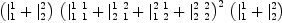 
\label{eq9}\ {\left({{|_{1}^{1}}+{|_{2}^{2}}}\right)}\ {{\left({{|_{1 \  1}^{1 \  1}}+{|_{2 \  1}^{1 \  2}}+{|_{1 \  2}^{2 \  1}}+{|_{2 \  2}^{2 \  2}}}\right)}^{2}}\ {\left({{|_{1}^{1}}+{|_{2}^{2}}}\right)}